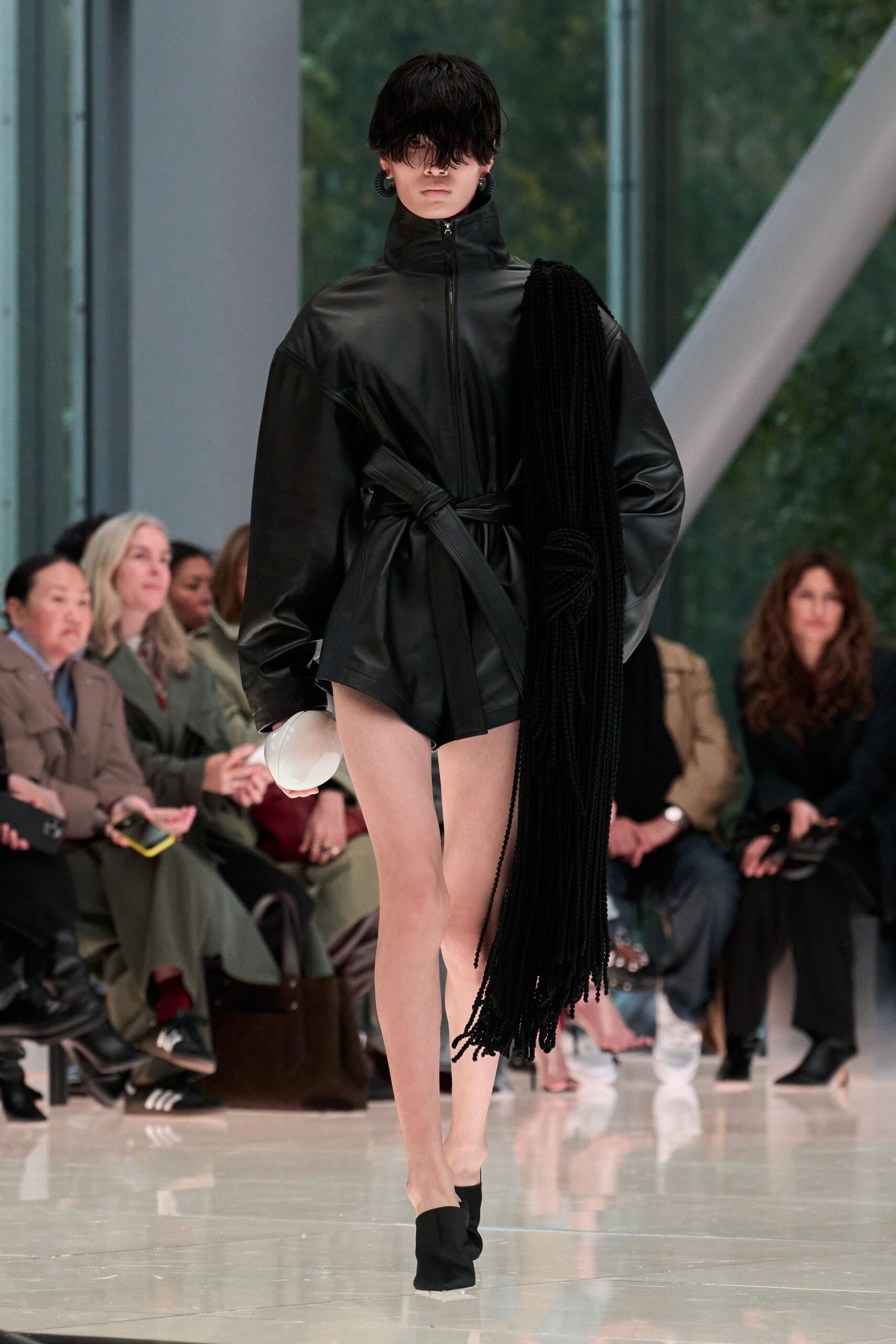 black leather jacket and shorts