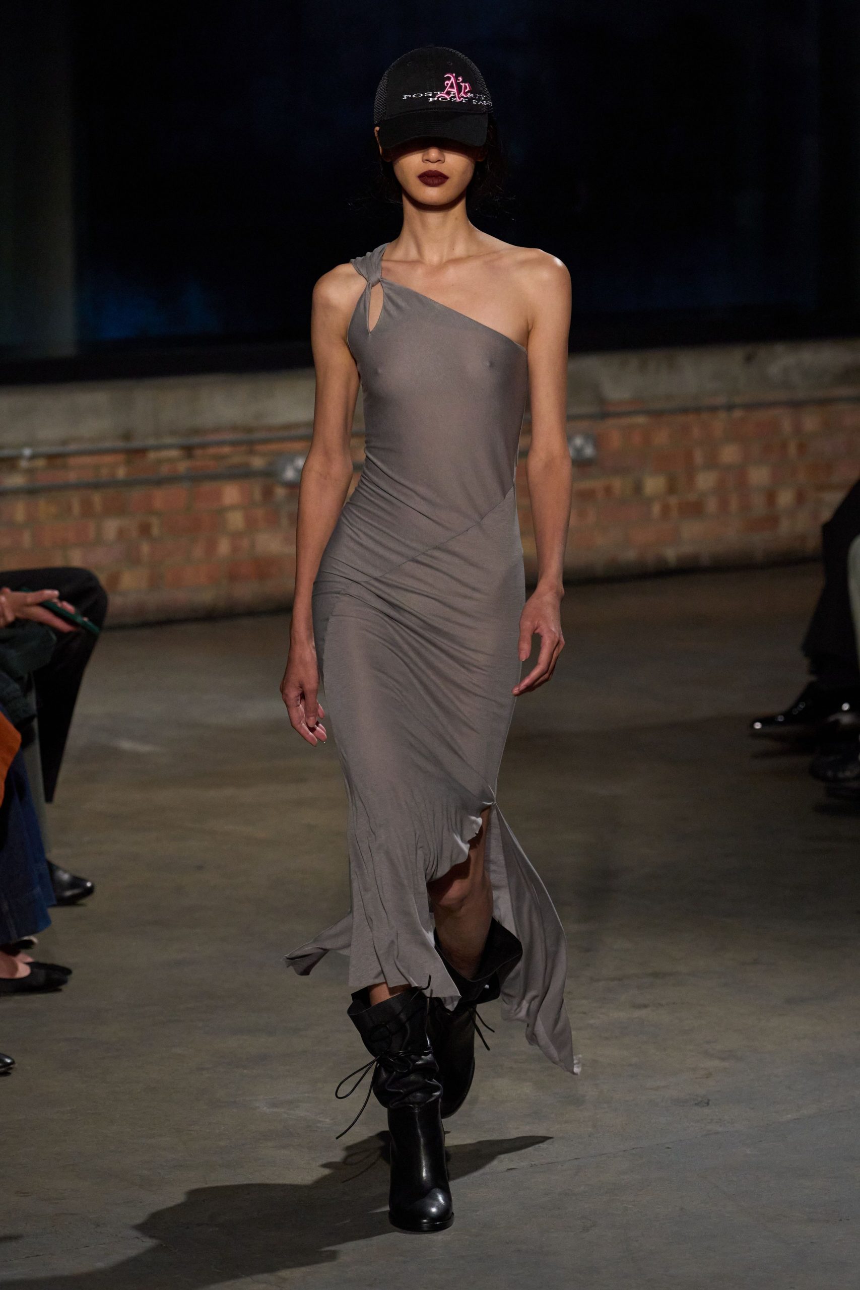 gray silk sleeveless asymmetric fitted draped flowing dress
