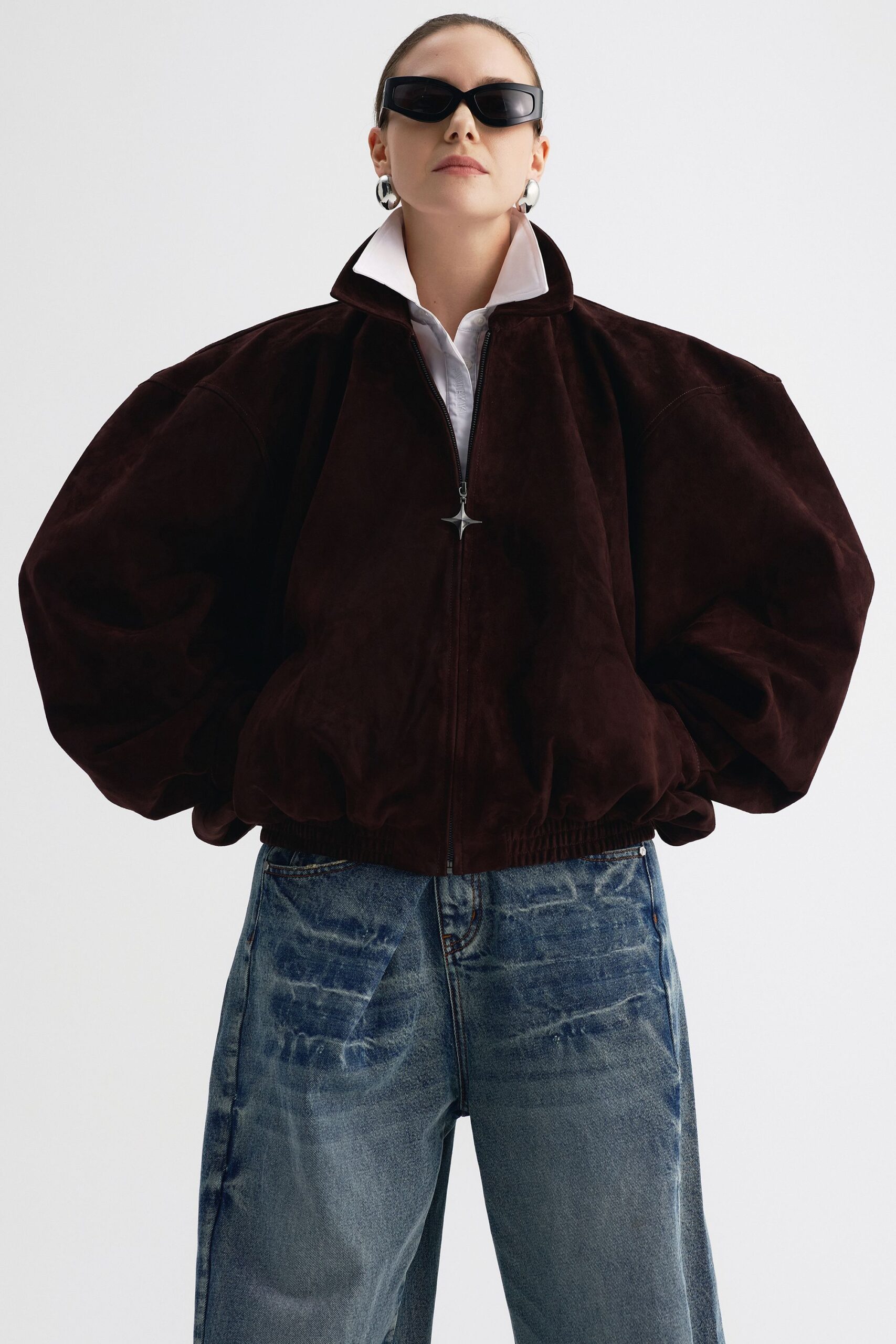 brown suede long-sleeve collared oversized jacket