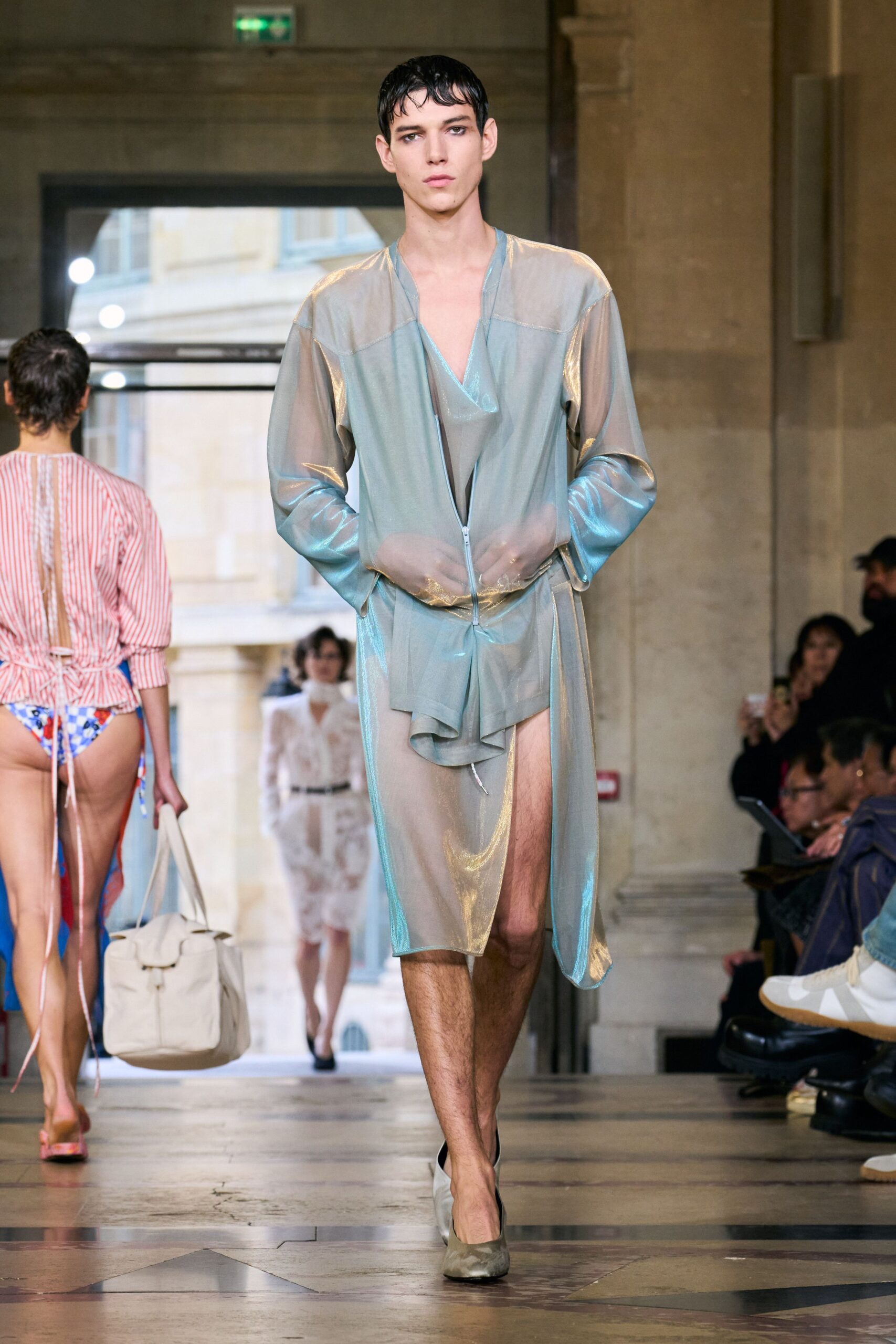 blue silk long-sleeve collared relaxed draped coat