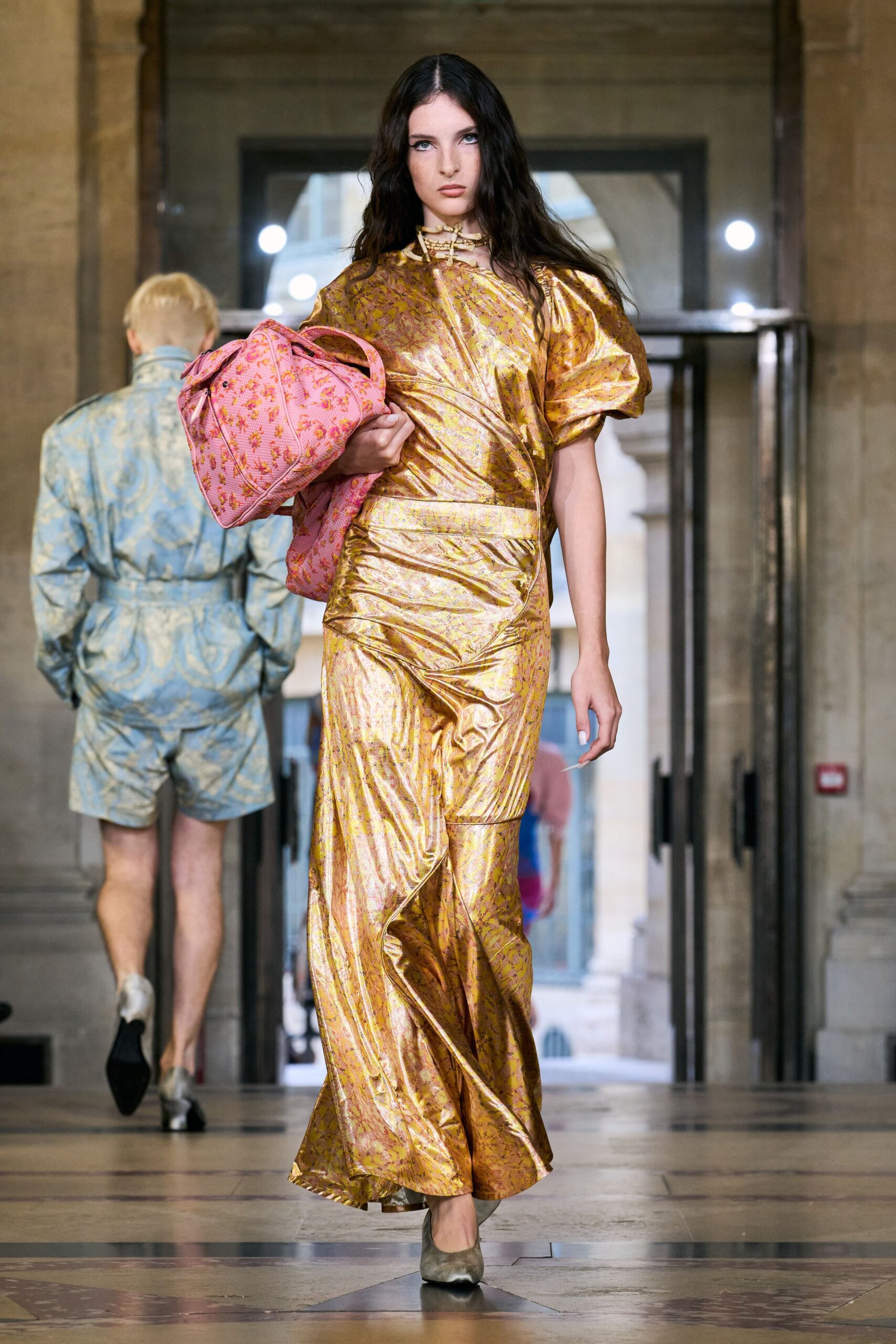 gold silk short-sleeve v-neck fitted pleated draped dress
