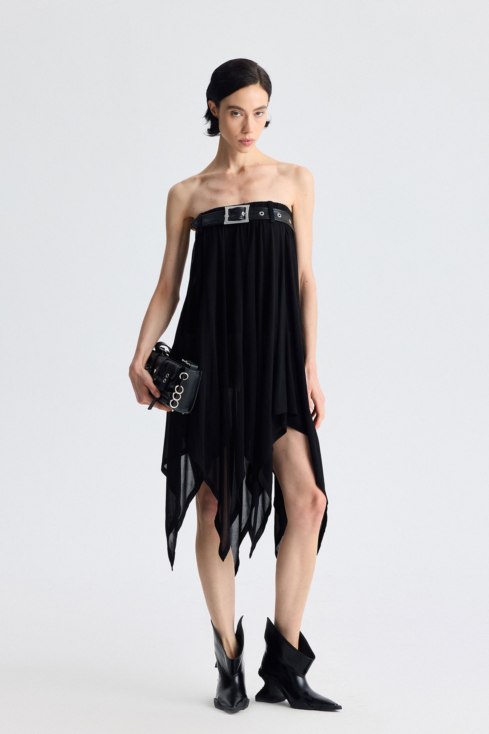 black chiffon strapless asymmetric fitted belted flowing dress