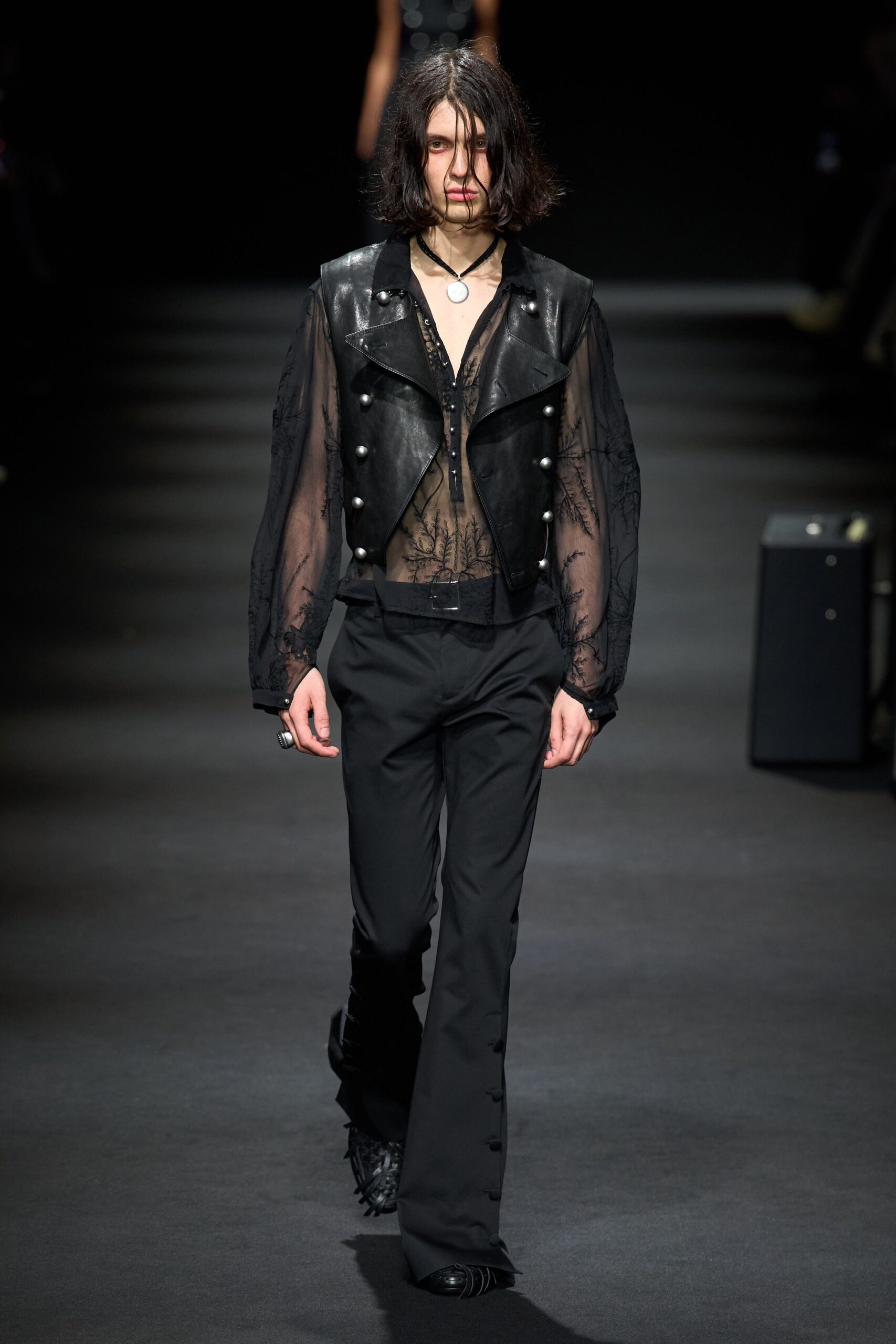 black leather jacket with sheer shirt