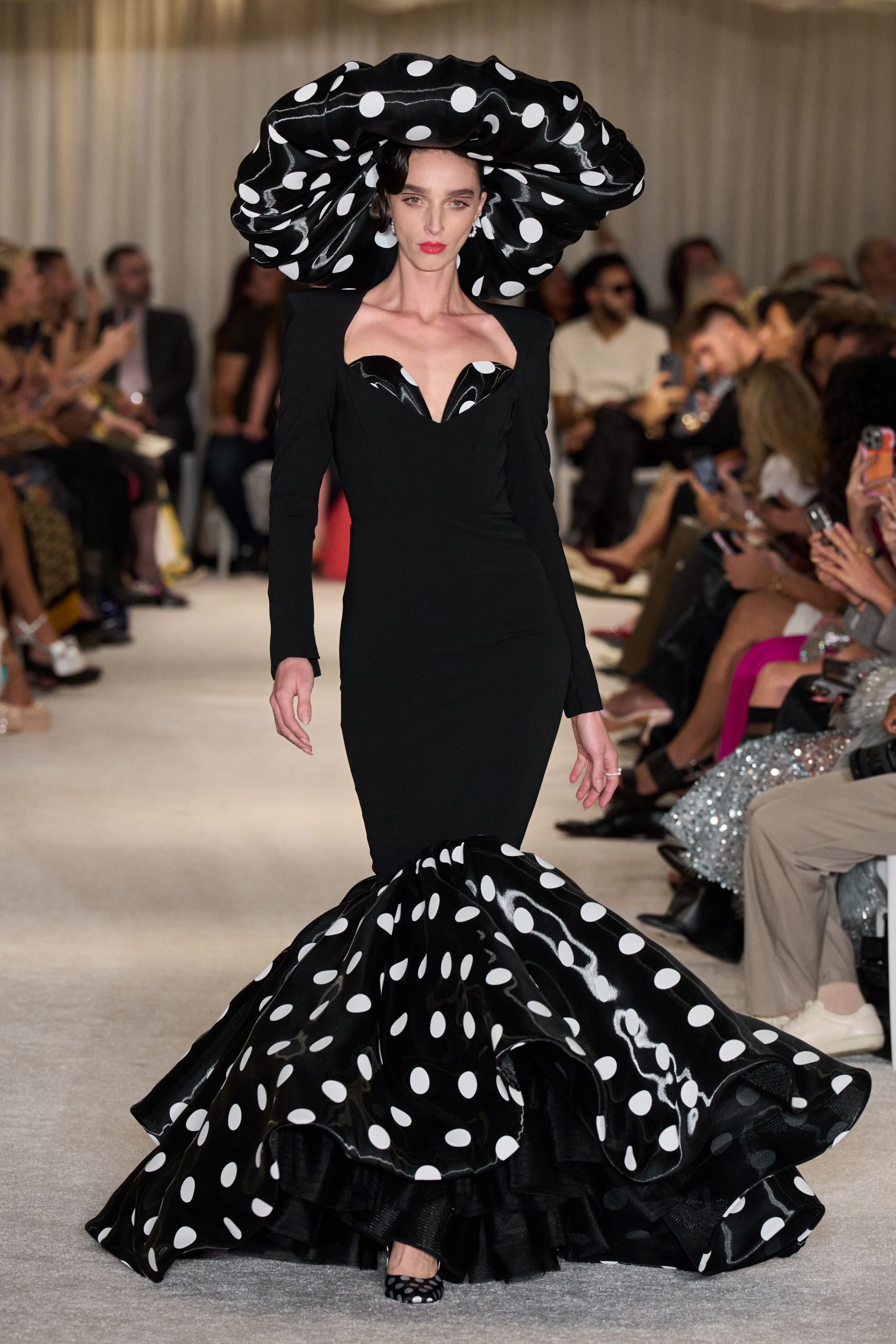 black silk long-sleeve off-shoulder fitted pleated flared gown