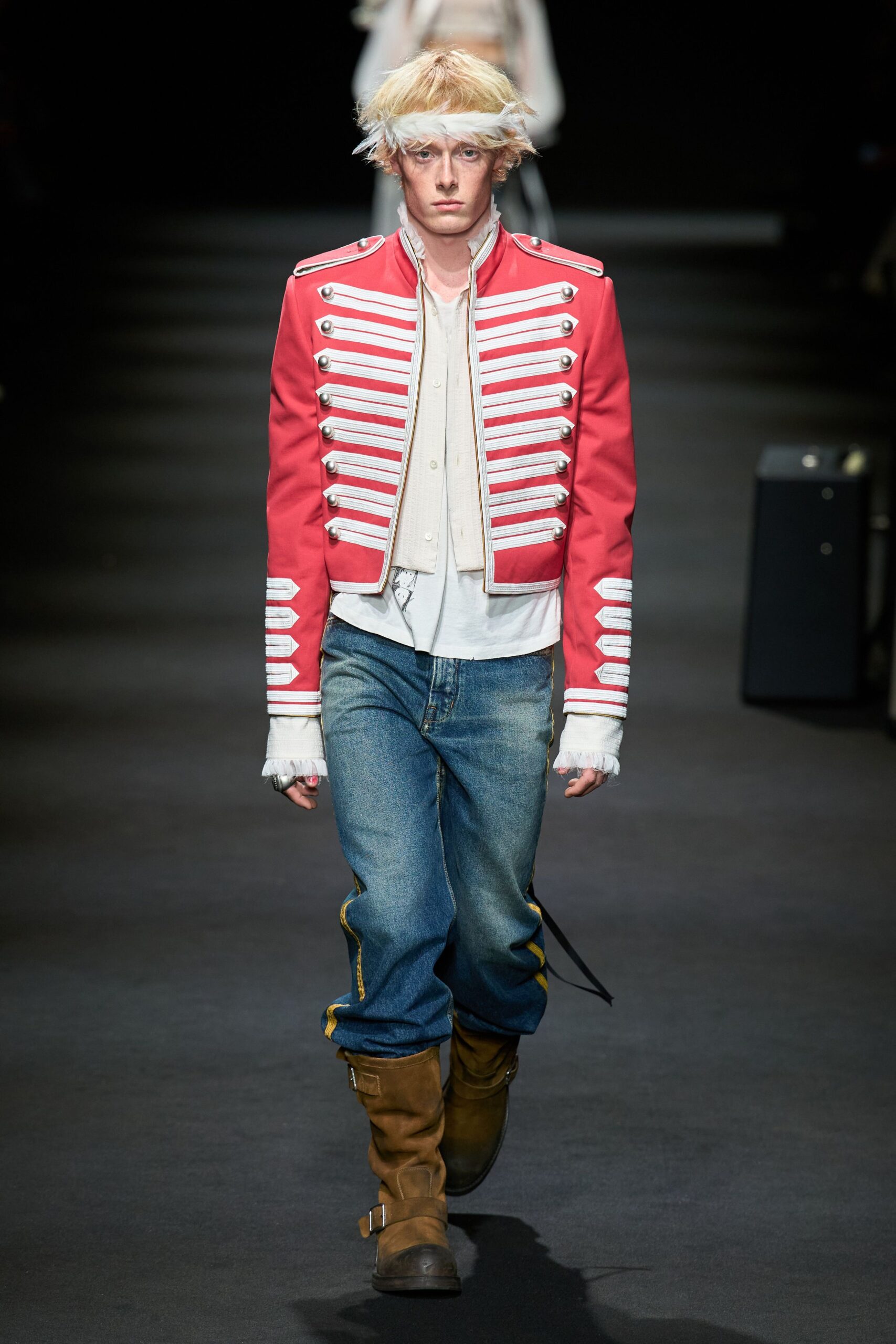 red cotton long-sleeve collared structured buttoned jacket