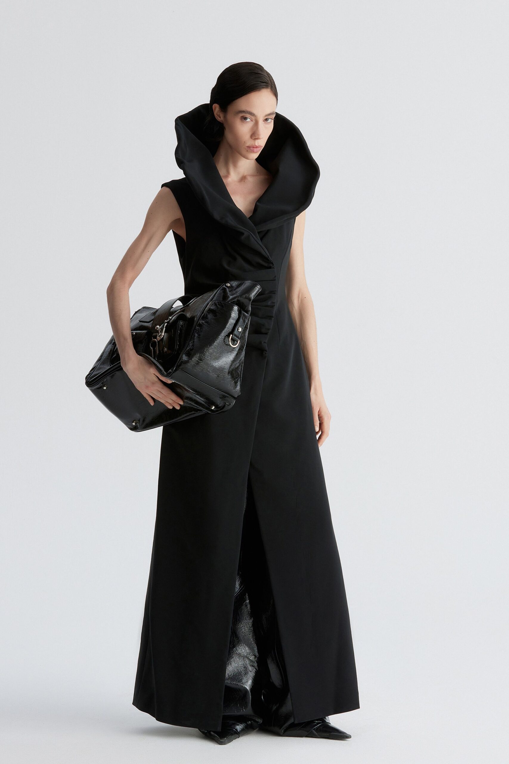 black silk sleeveless gown