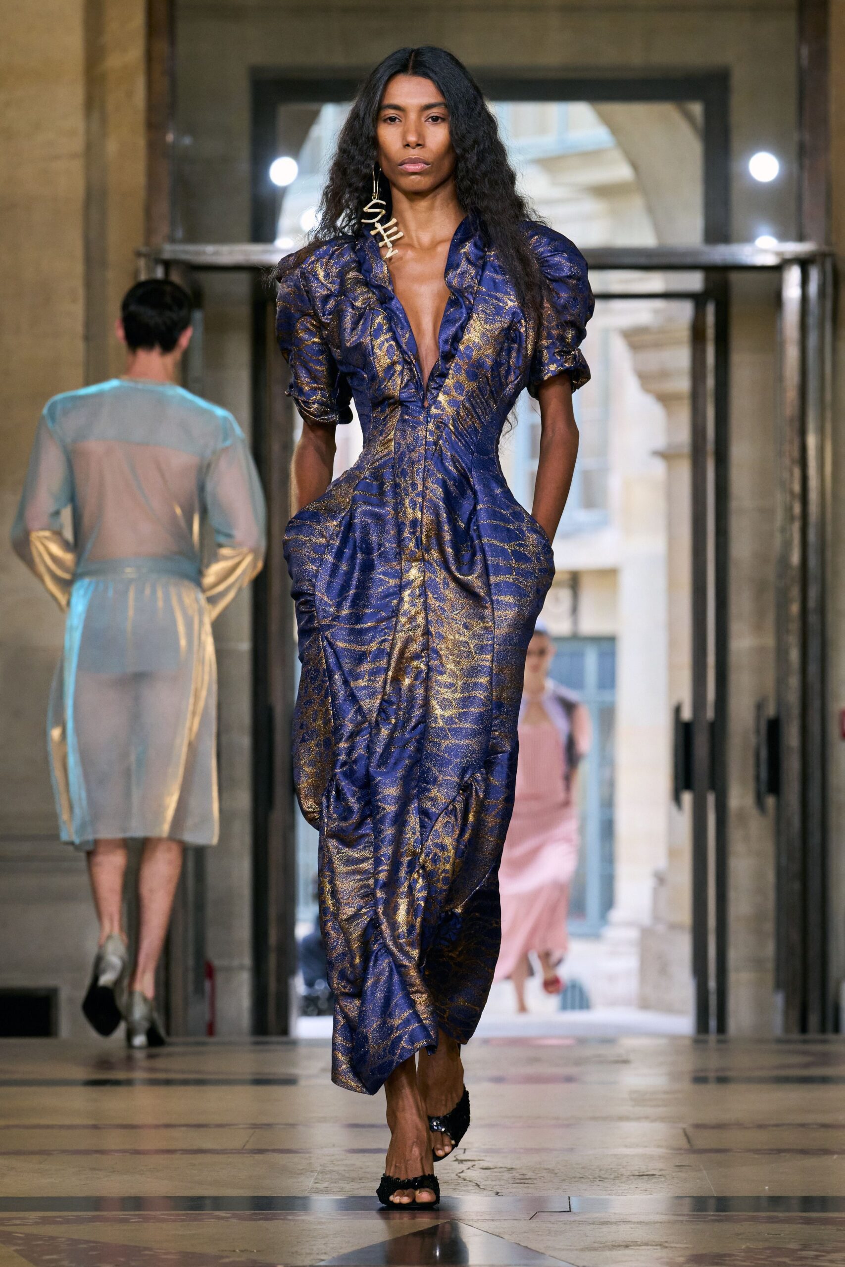 blue silk short-sleeve v-neck fitted pleated draped gown