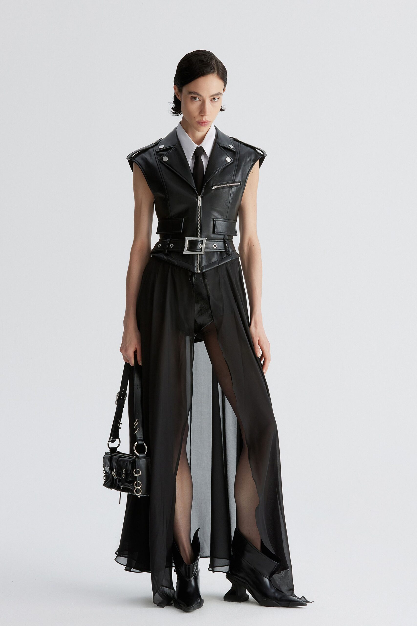 black silk sleeveless fitted sheer pants