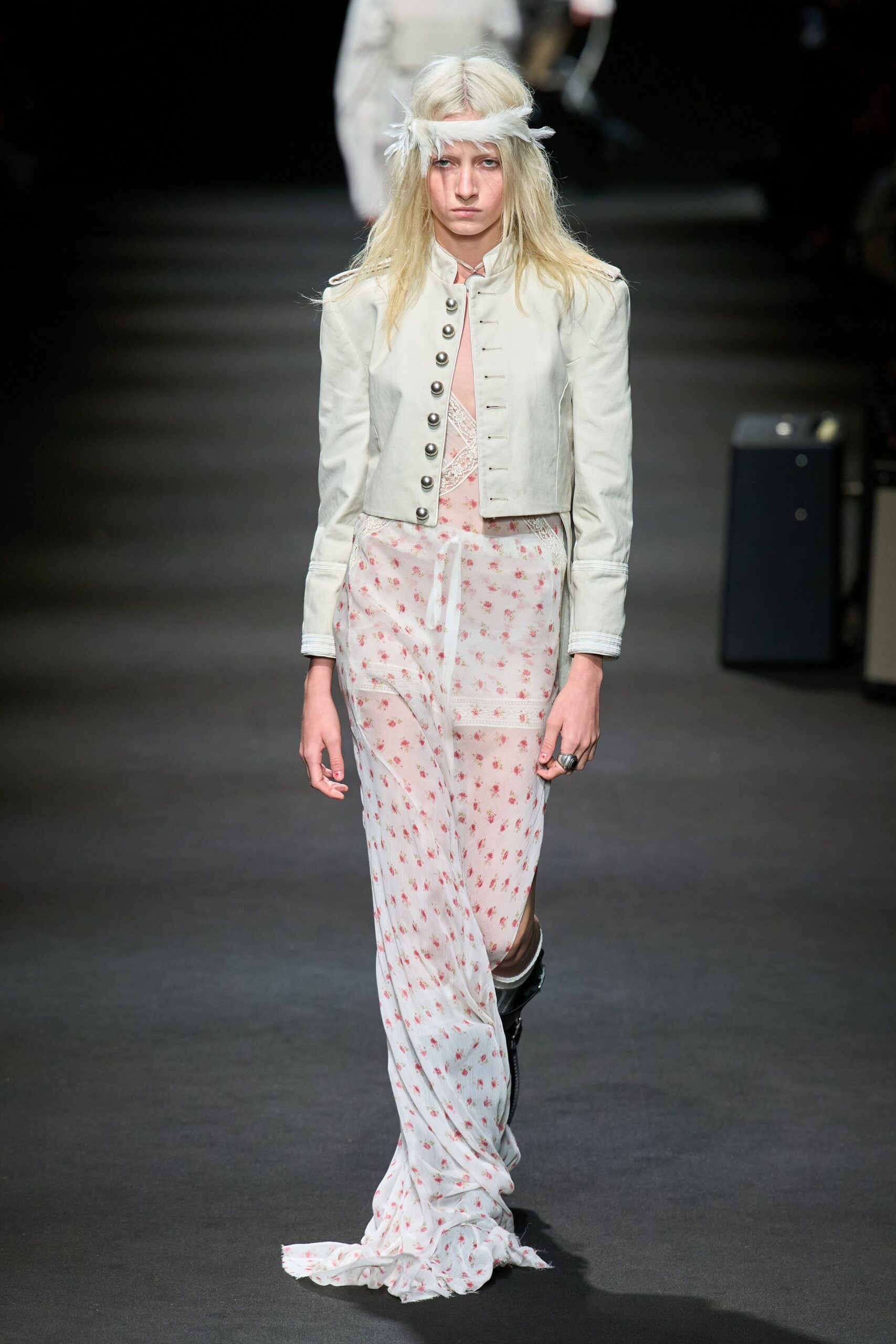 white jacket floral maxi dress