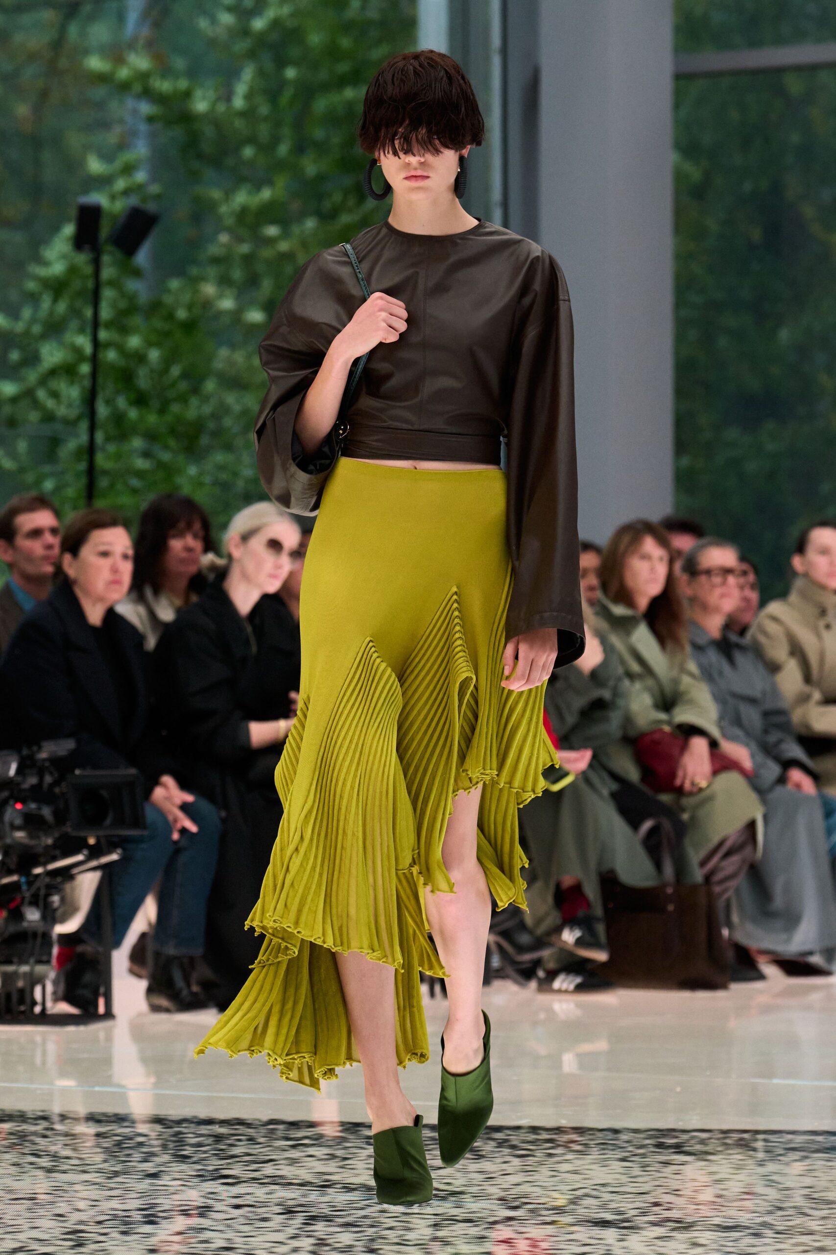 green silk fitted high-waisted pleated tiered midi skirt
