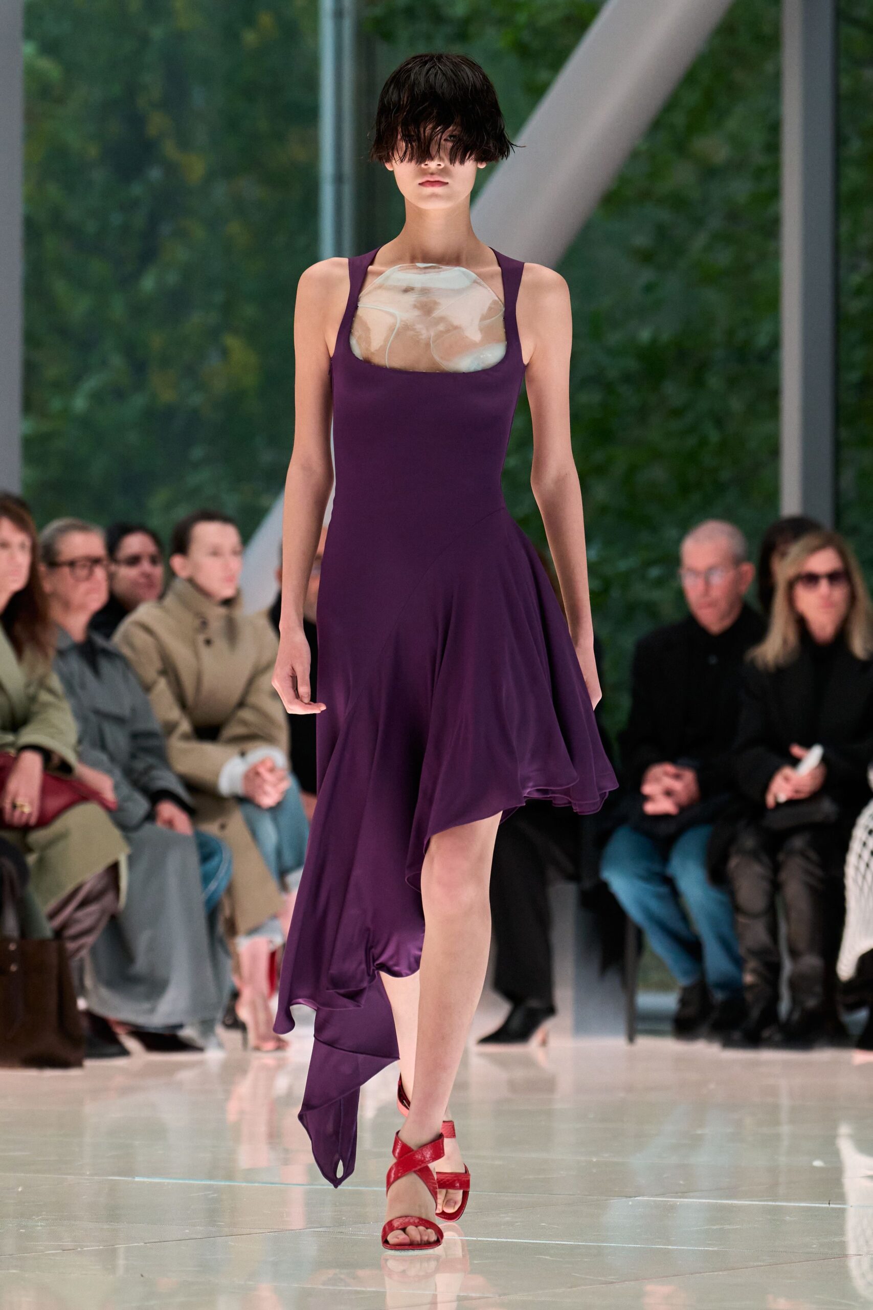 purple silk asymmetric dress with red shoes