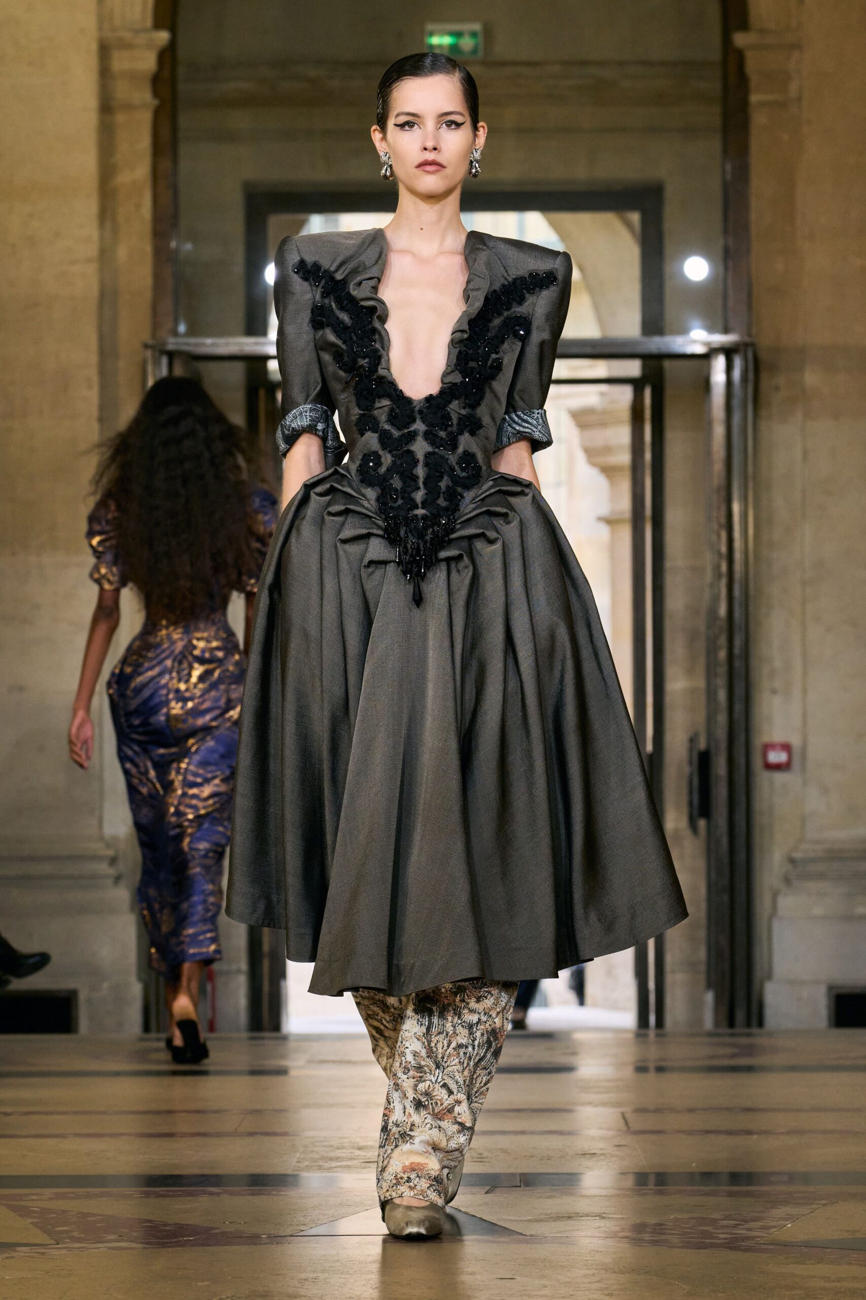gray silk long-sleeve v-neck fitted pleated embroidered gown
