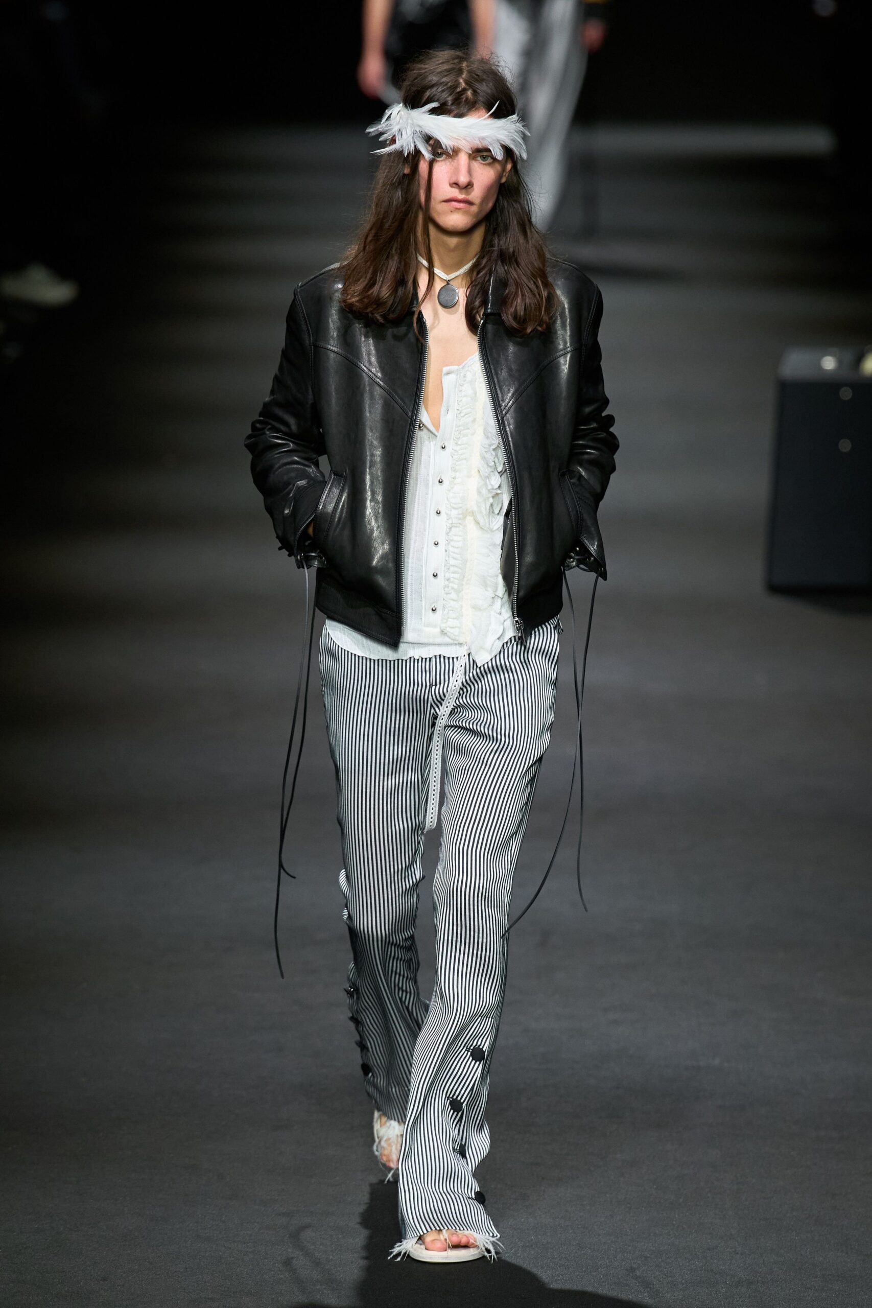 black leather jacket with striped pants