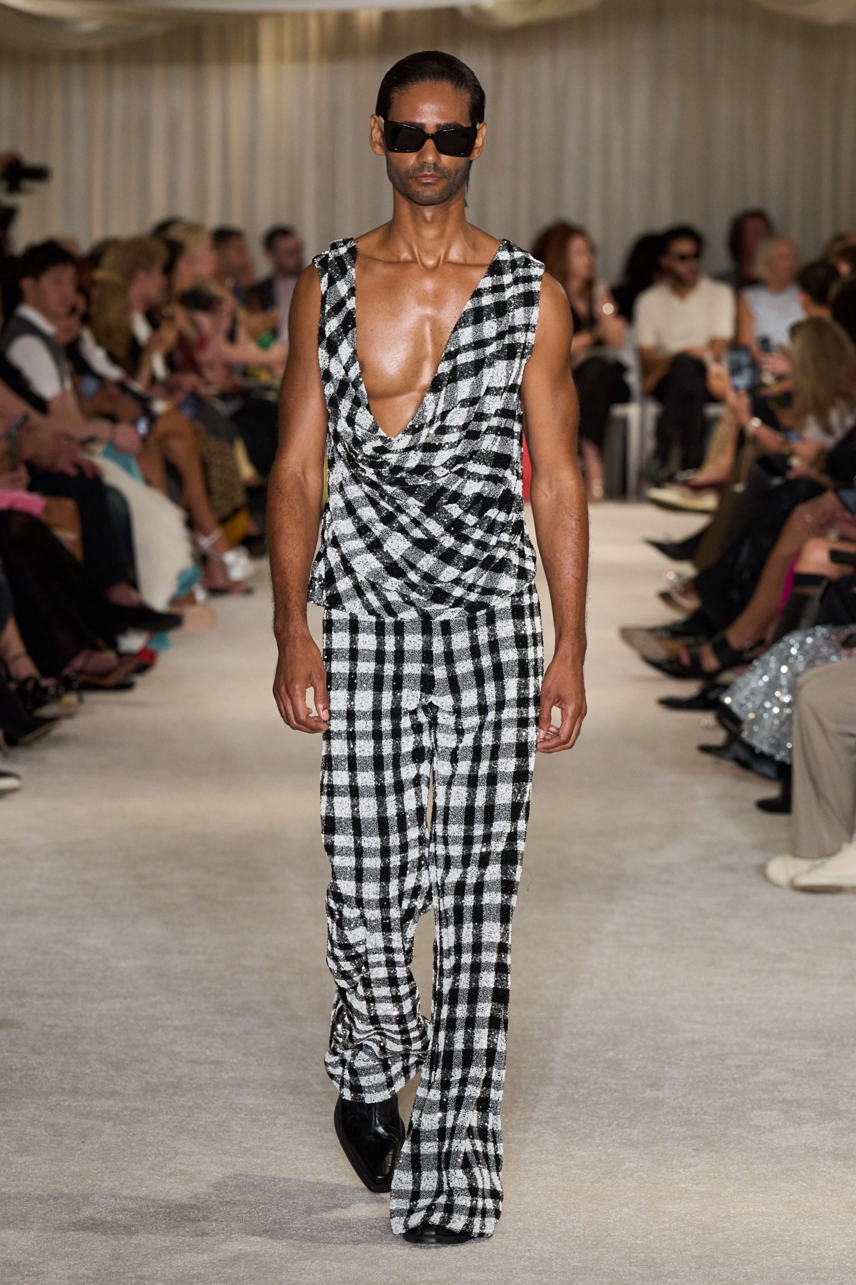 black and white checked jumpsuit