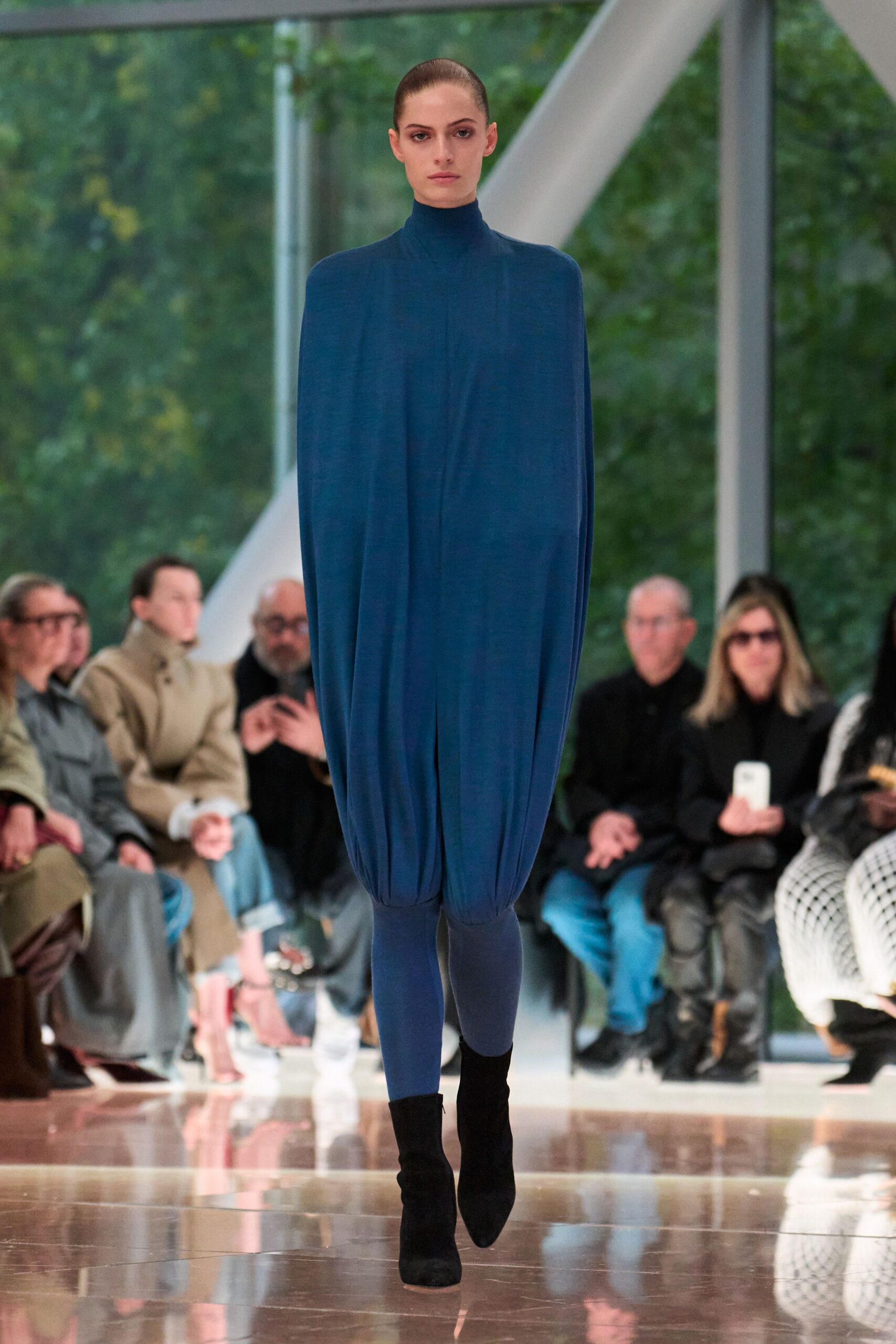 blue draped midi dress with leggings