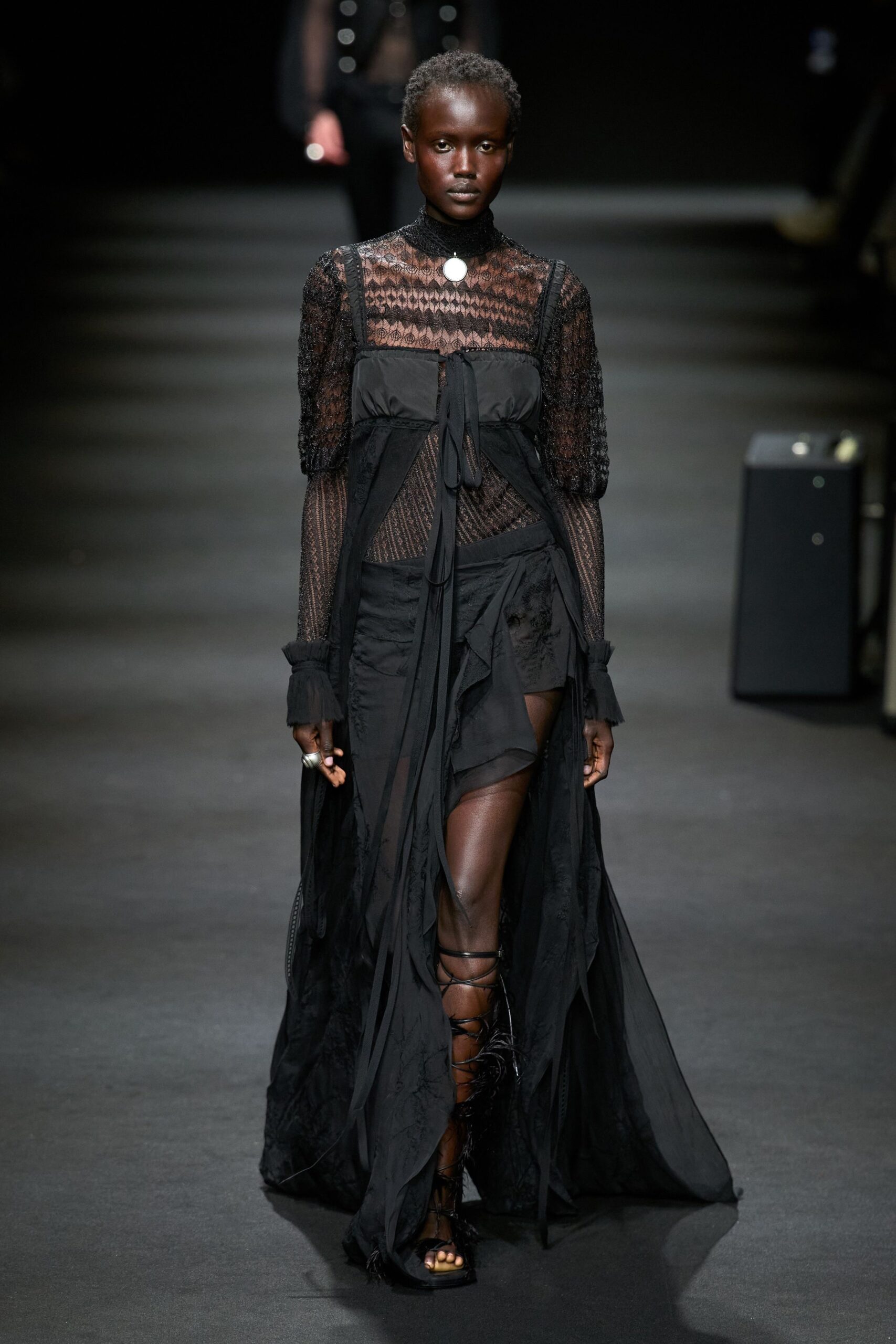 black silk long-sleeve v-neck fitted layered gown