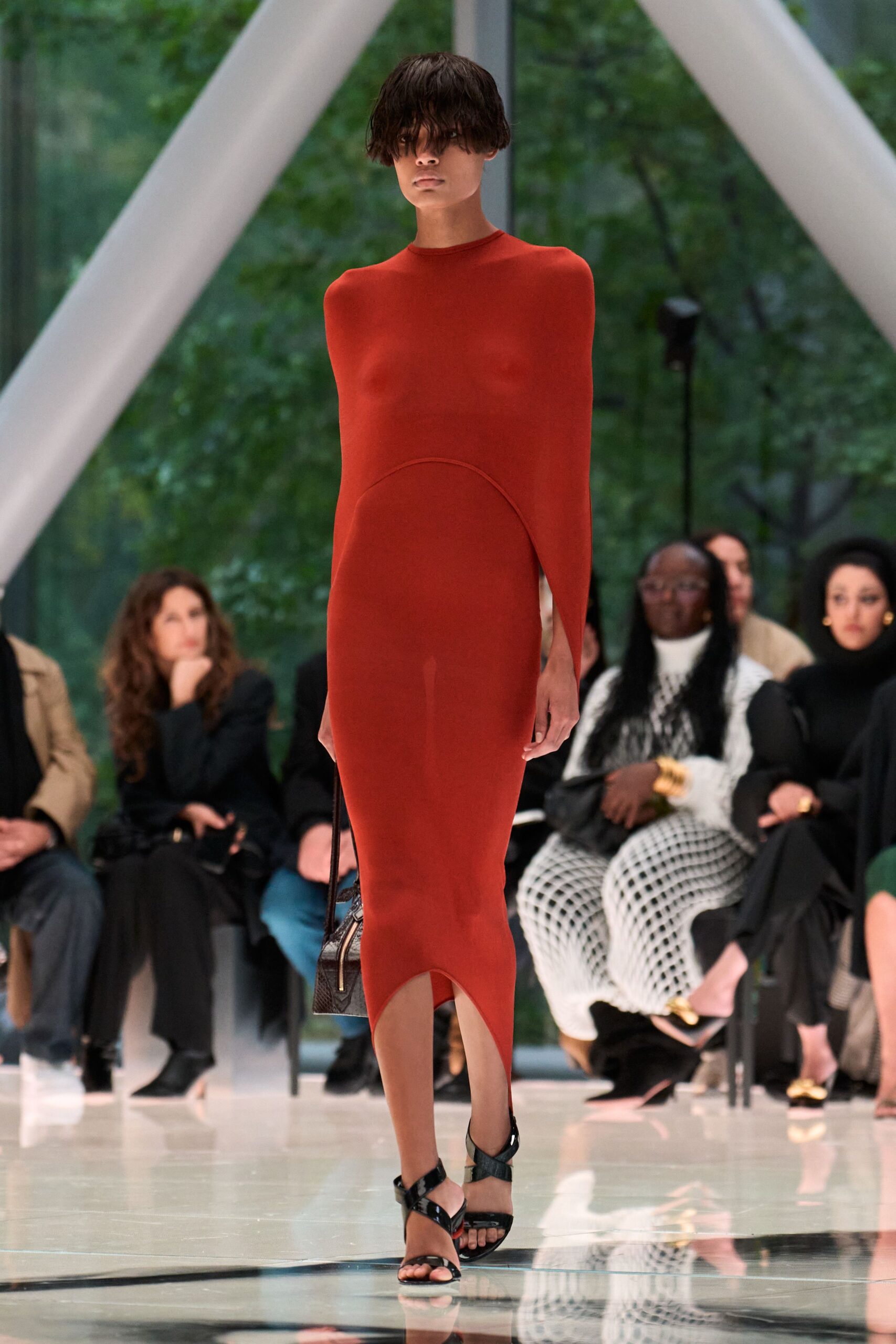 fitted red knit midi dress