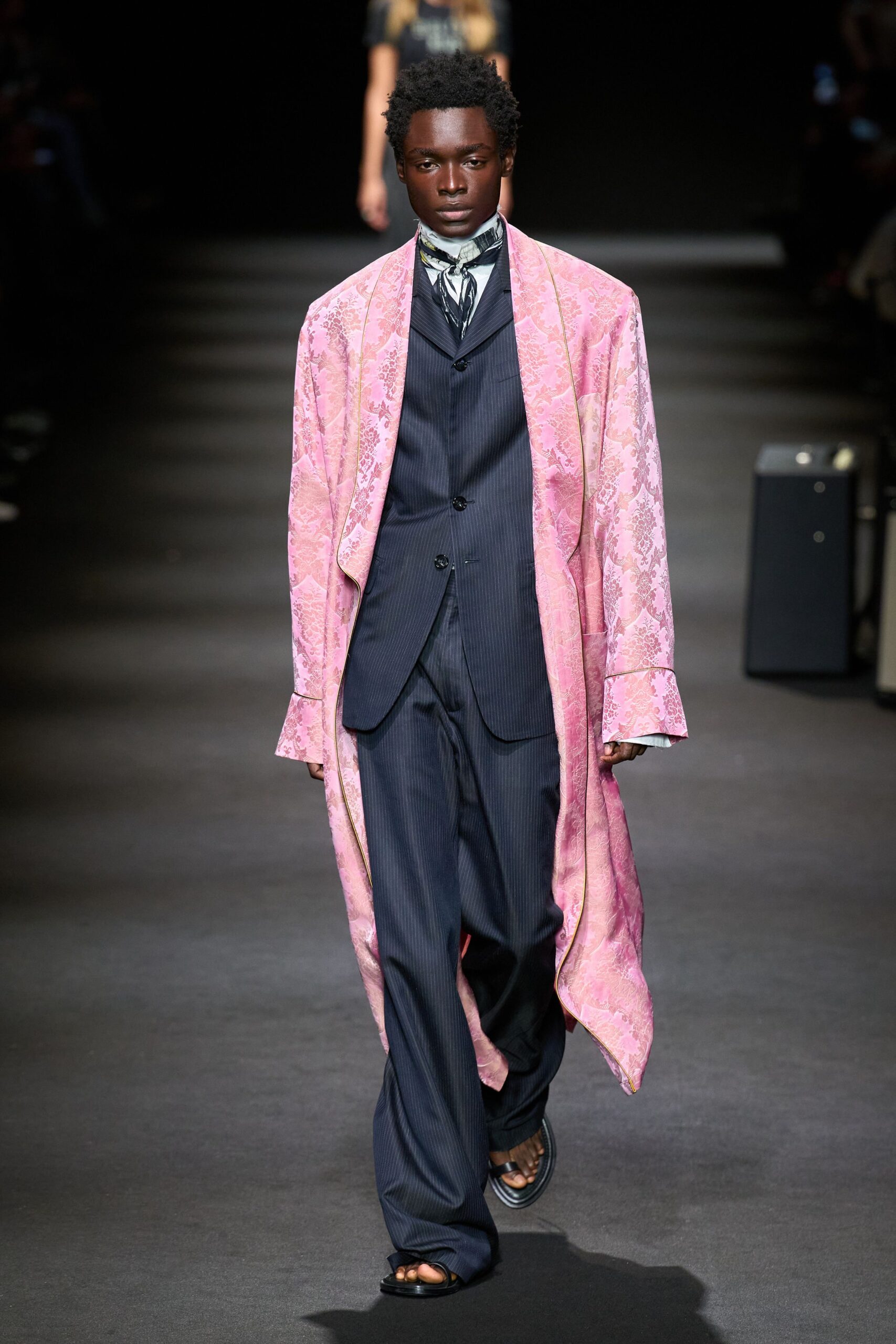 pink silk long-sleeve relaxed embroidered maxi coat