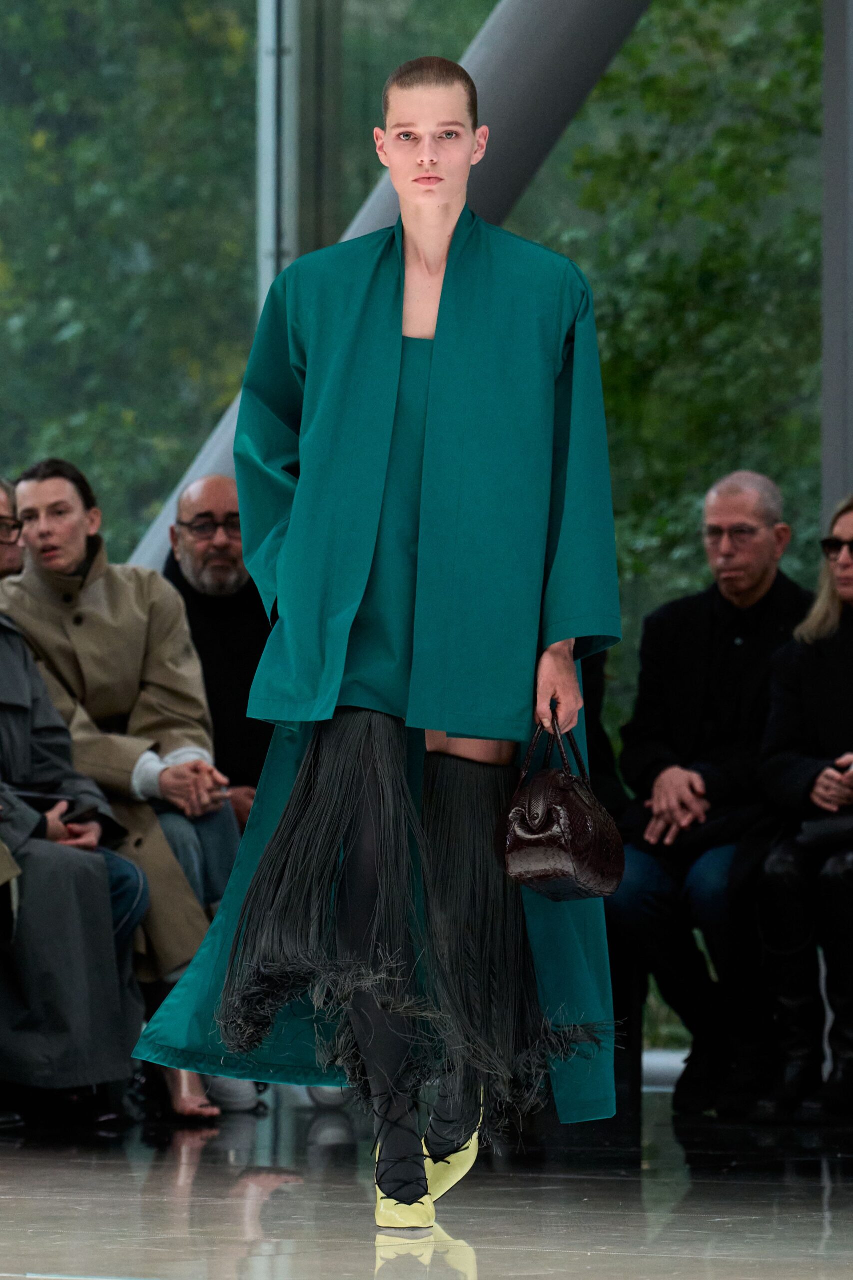 teal coat black midi dress