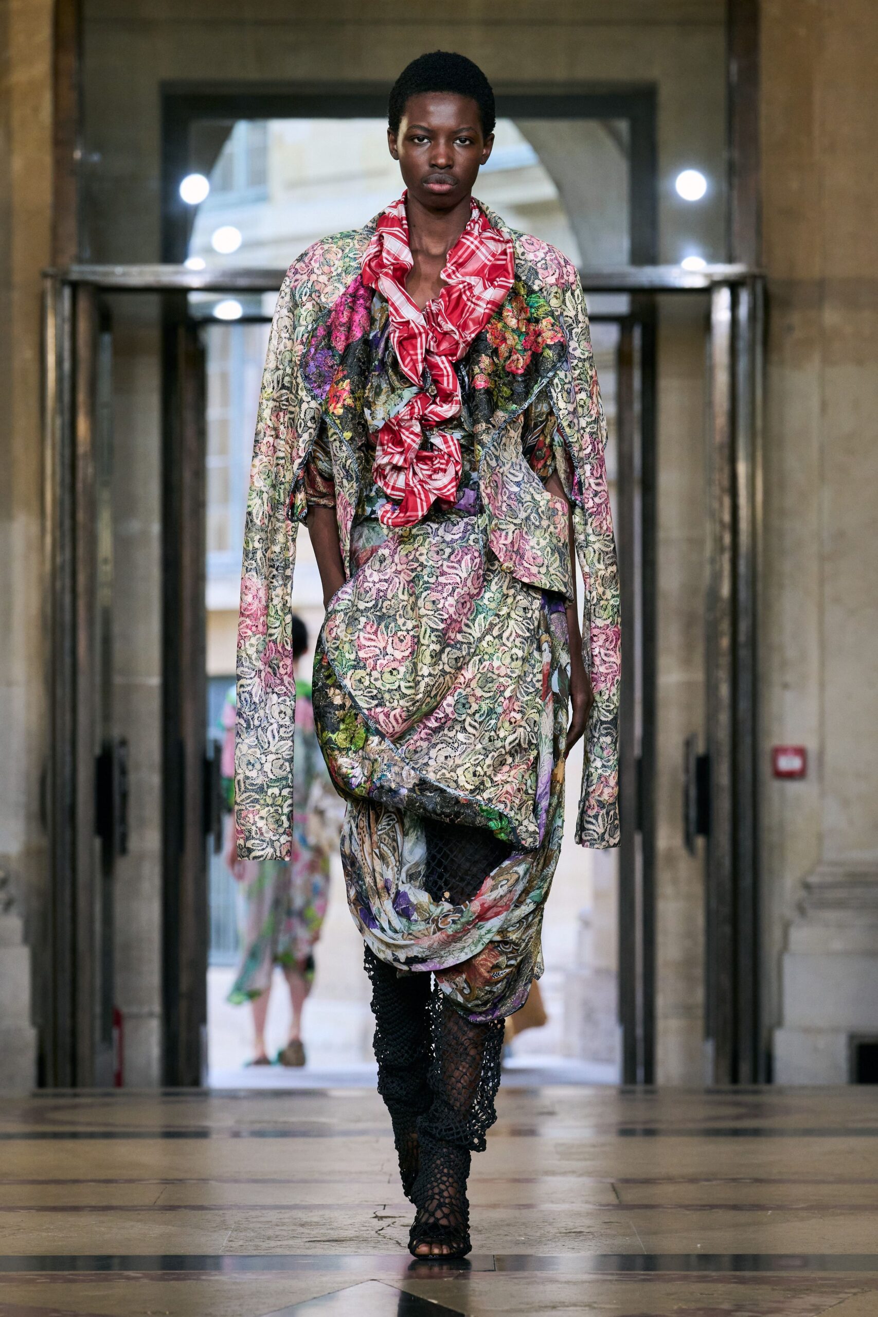 multi silk long-sleeve collared relaxed floral layered dress