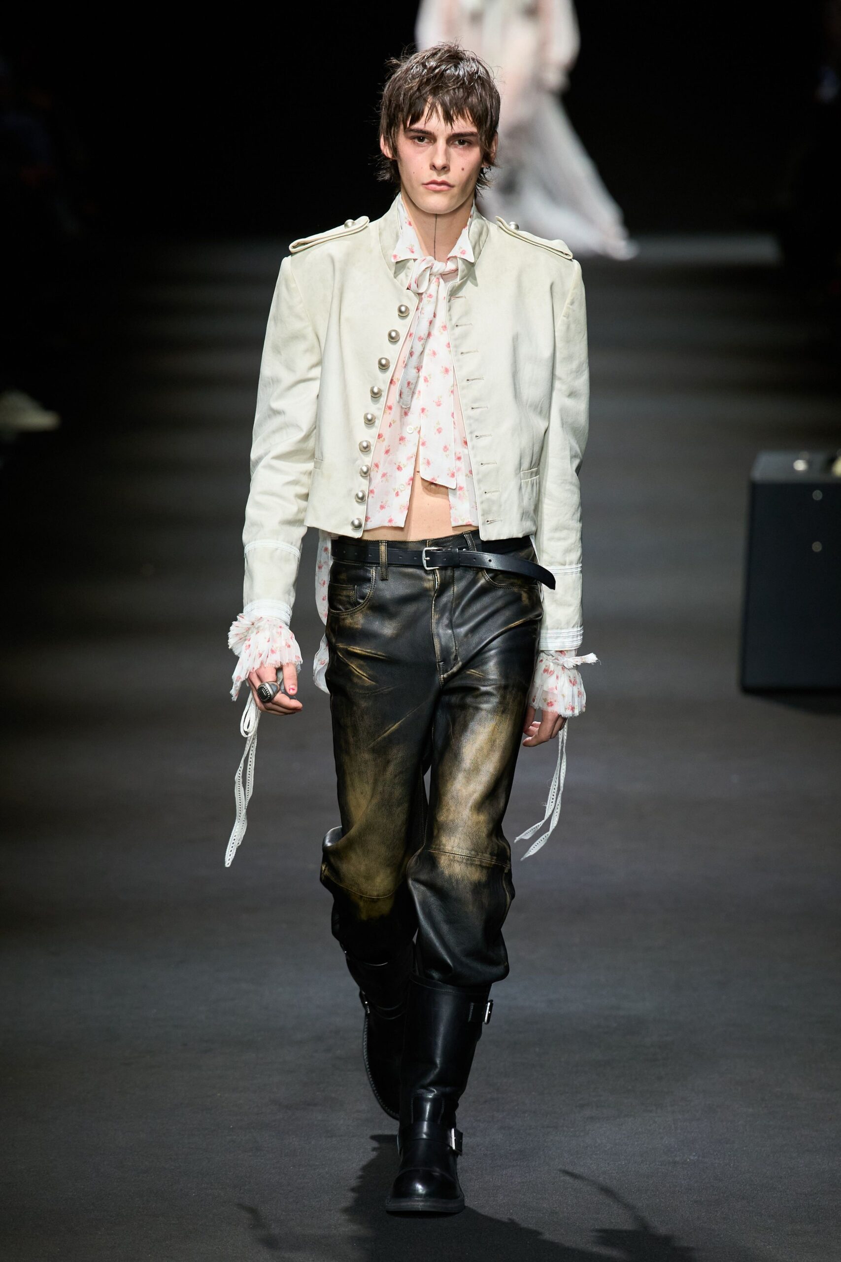white fitted jacket with black pants