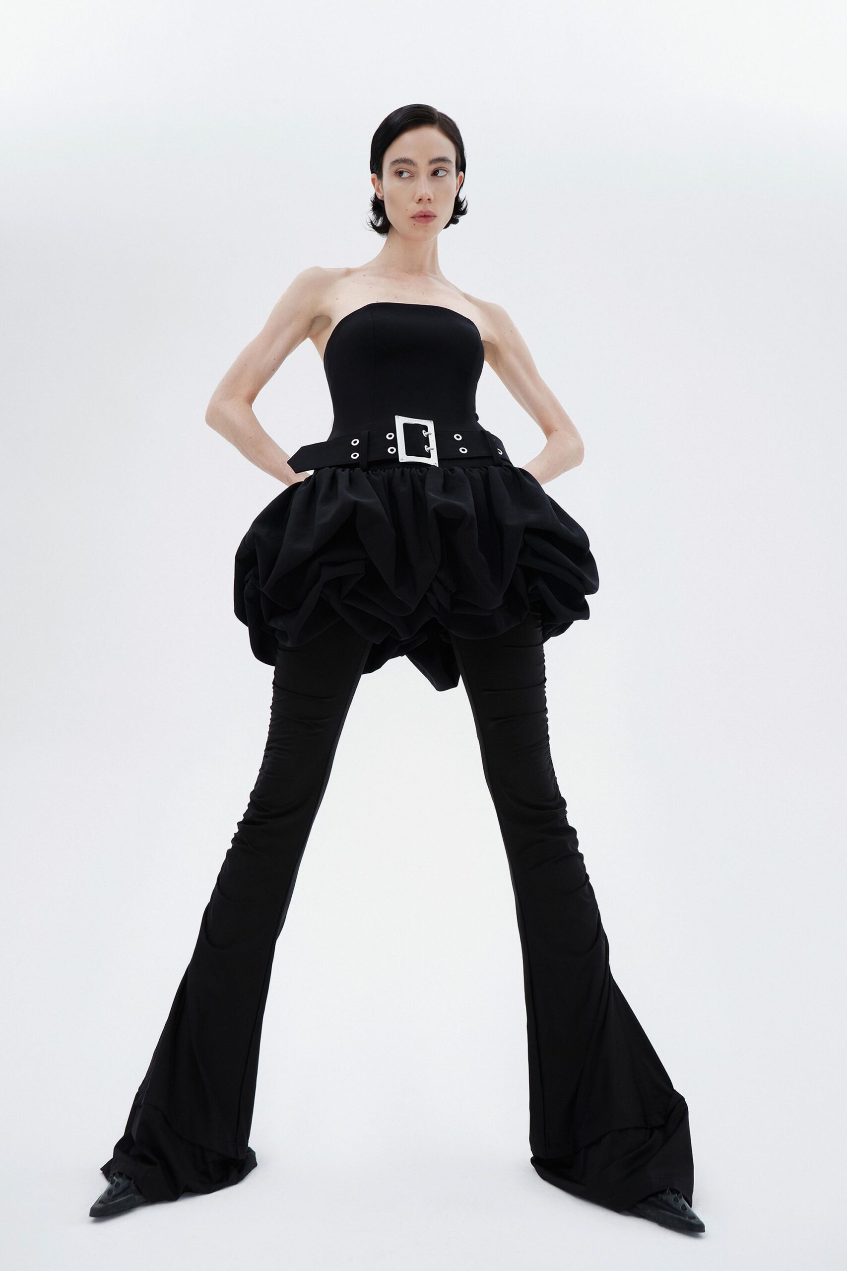 black cotton strapless fitted ruffled top