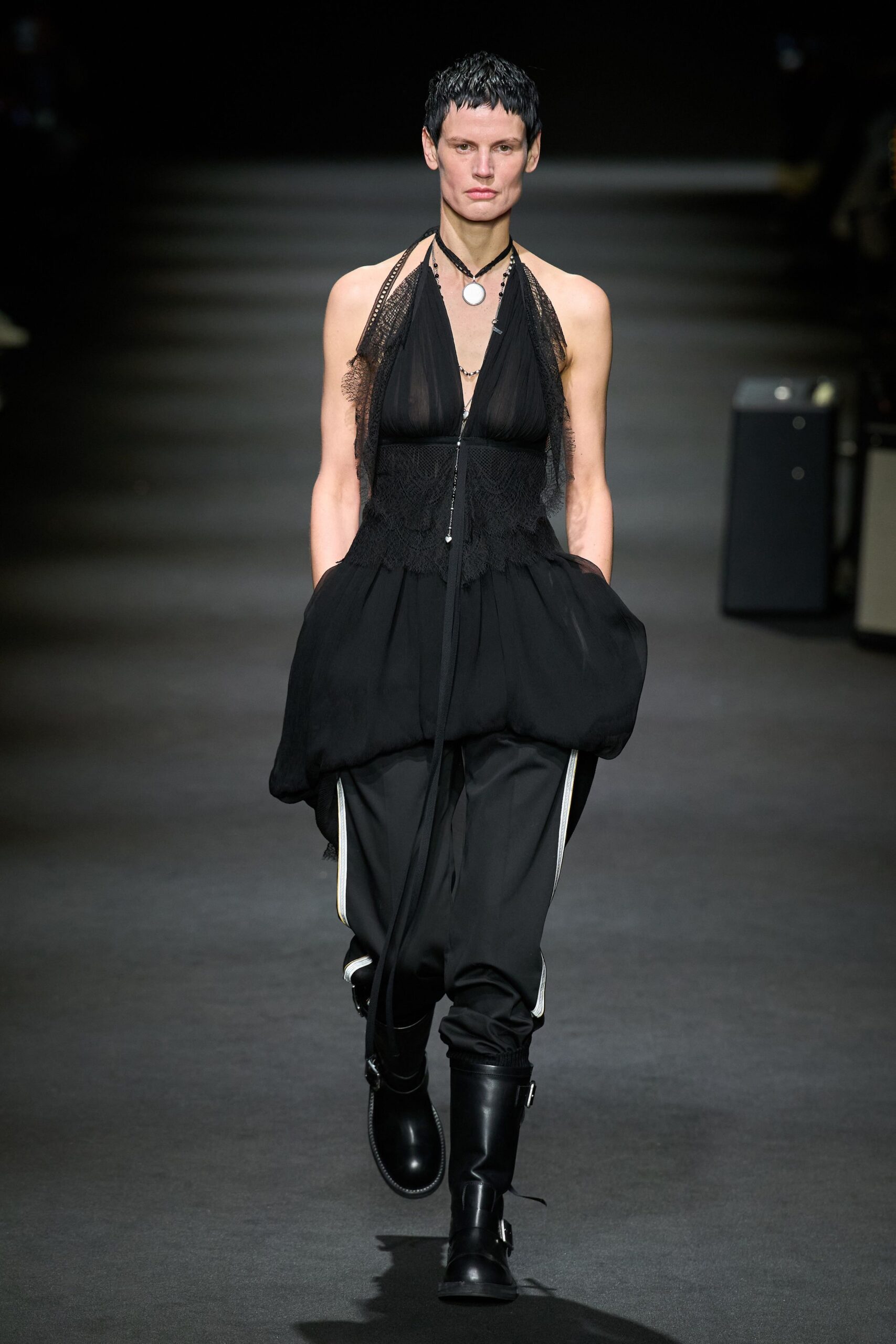 black fitted top with relaxed pants