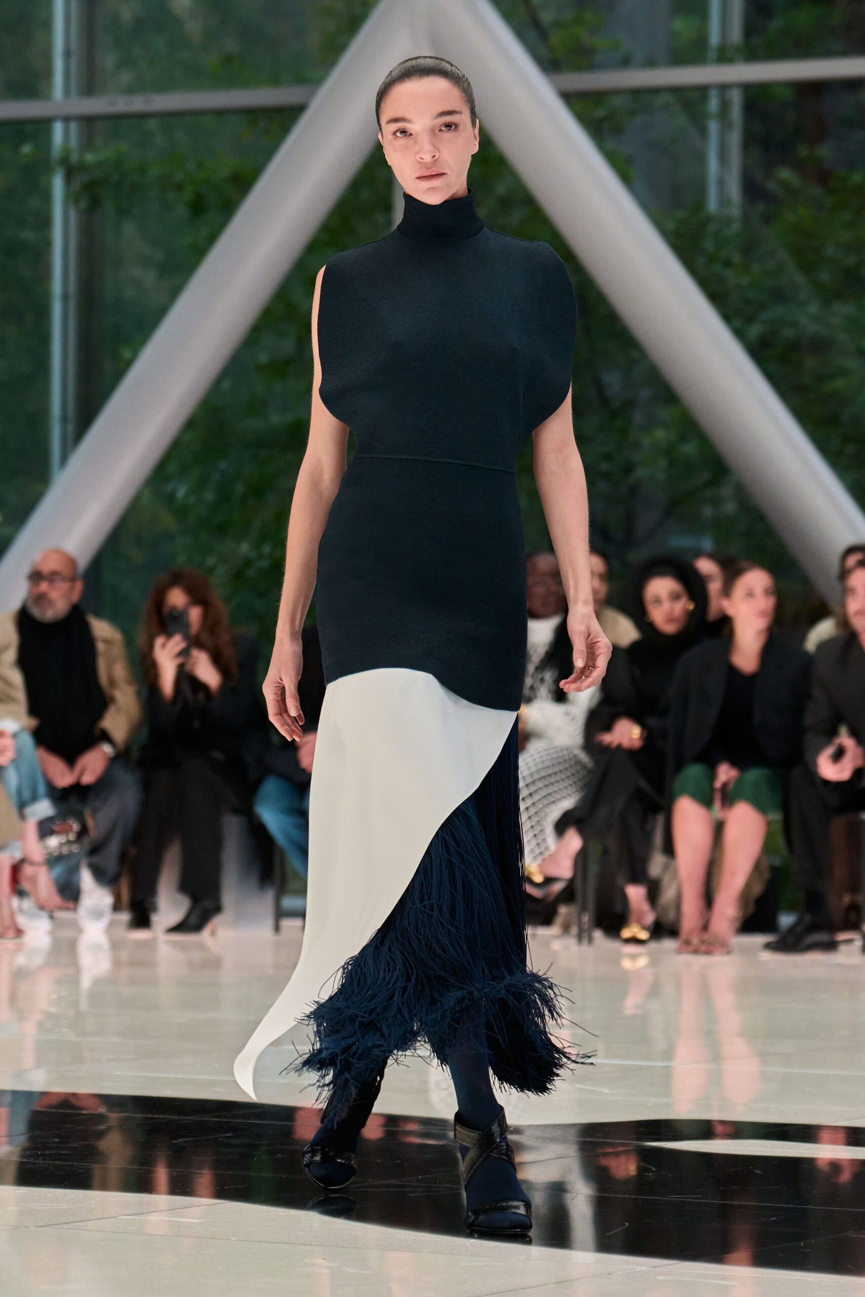 black and white draped midi dress