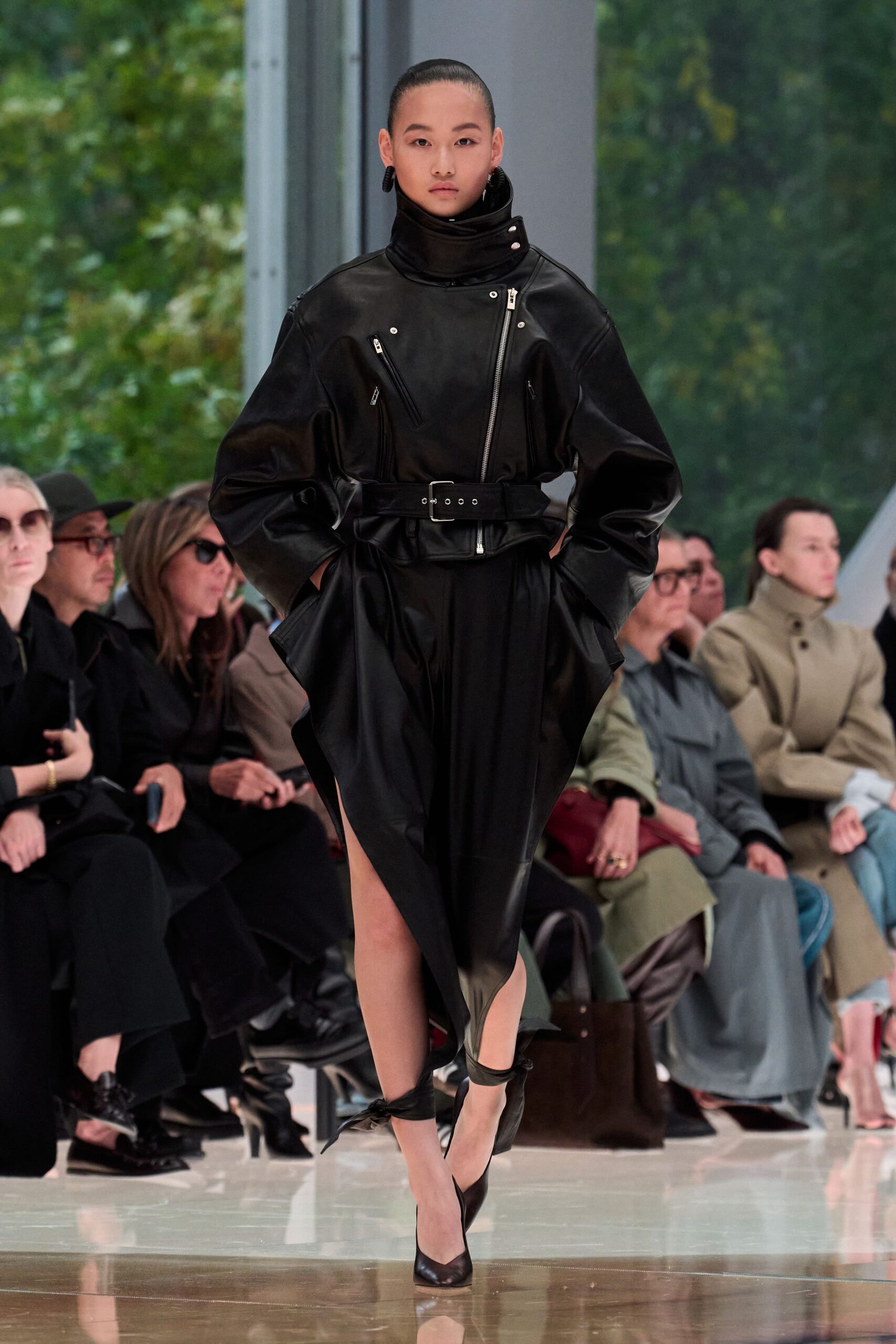 black leather belted midi dress