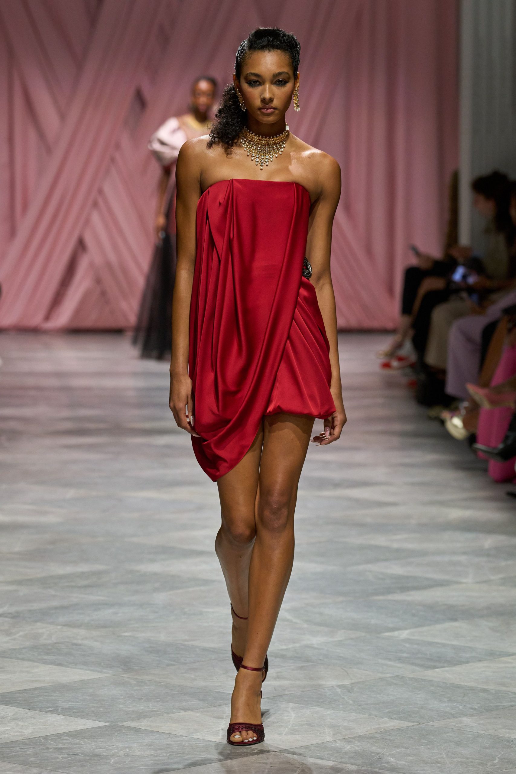 red silk strapless fitted draped mini dress