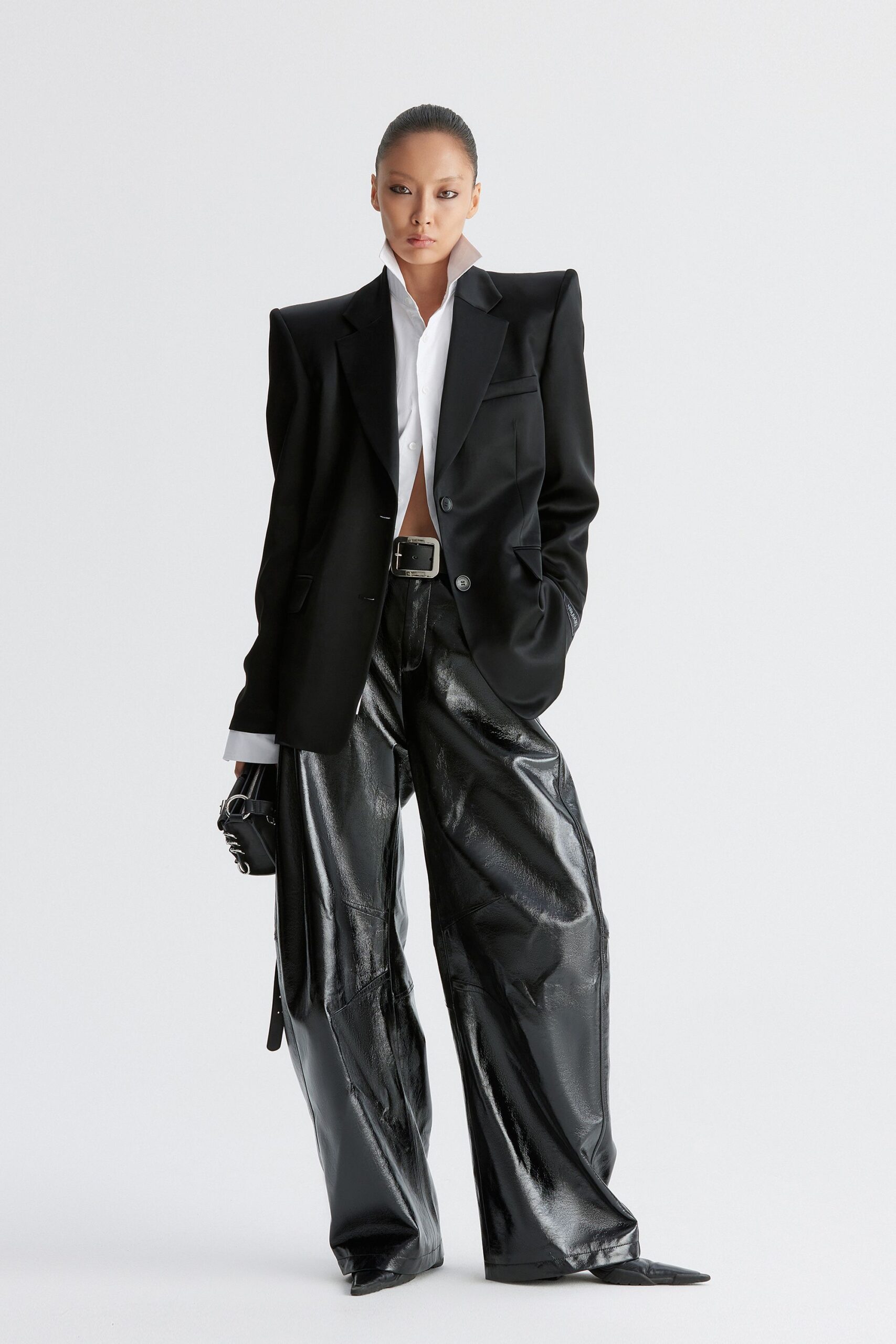 black blazer white shirt leather pants
