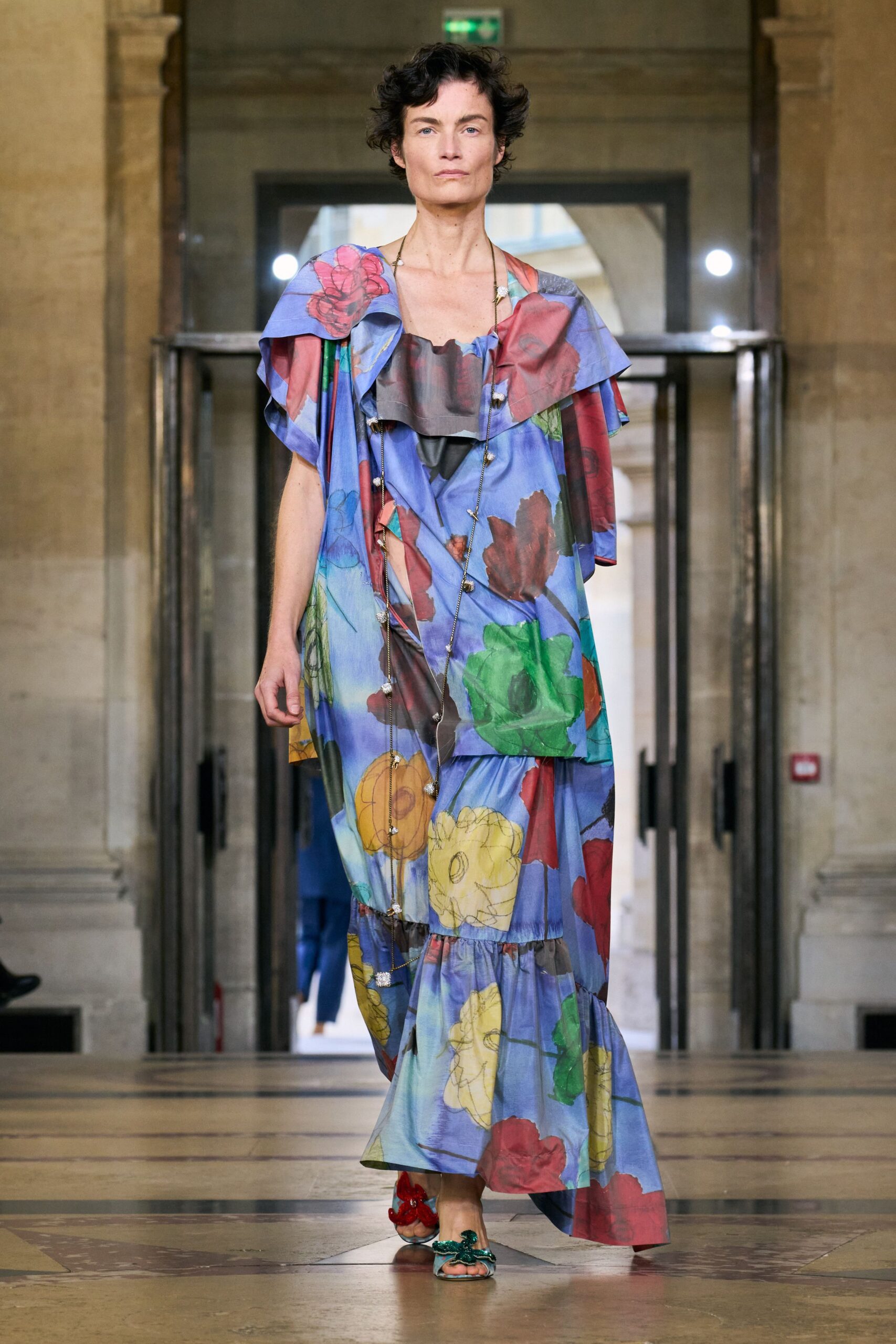 blue silk sleeveless relaxed flared tiered flowing dress