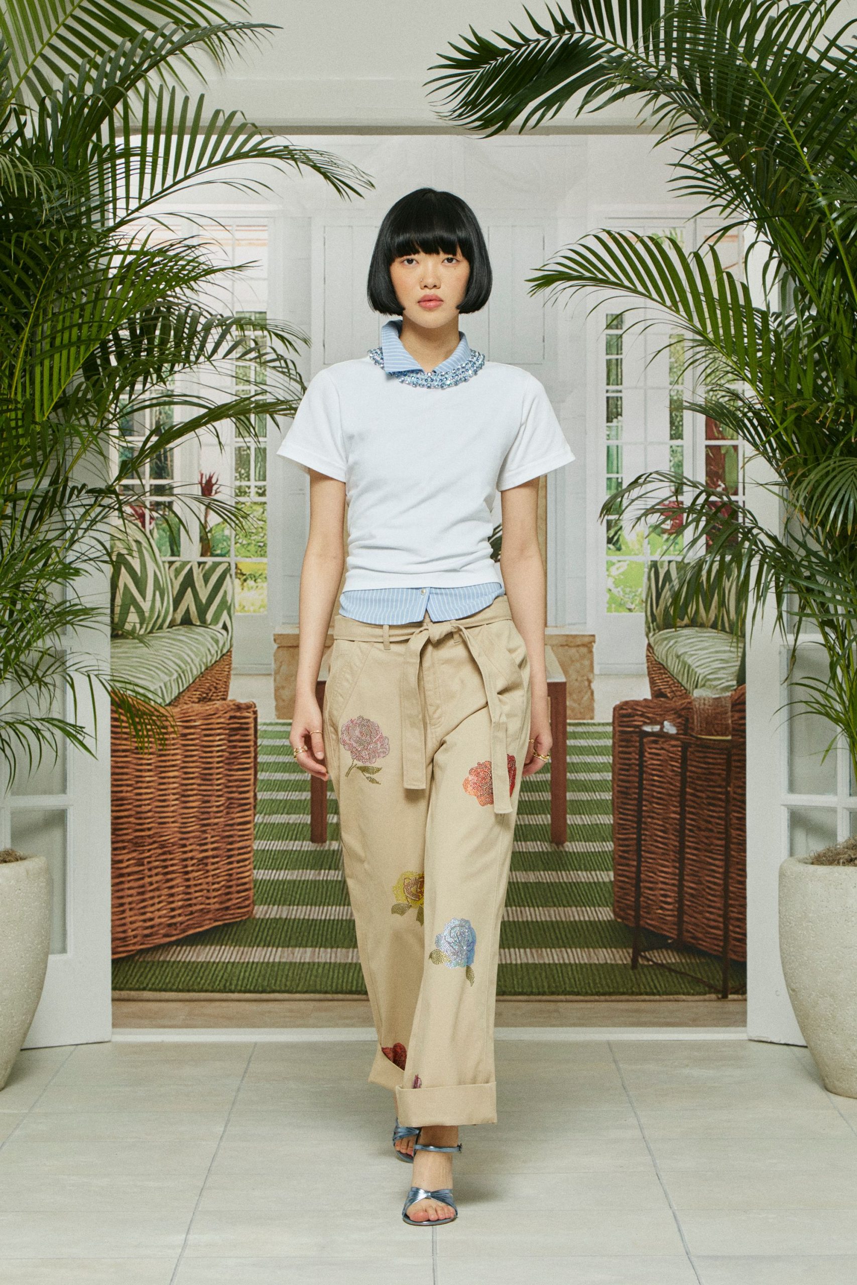 white fitted top beige relaxed pants