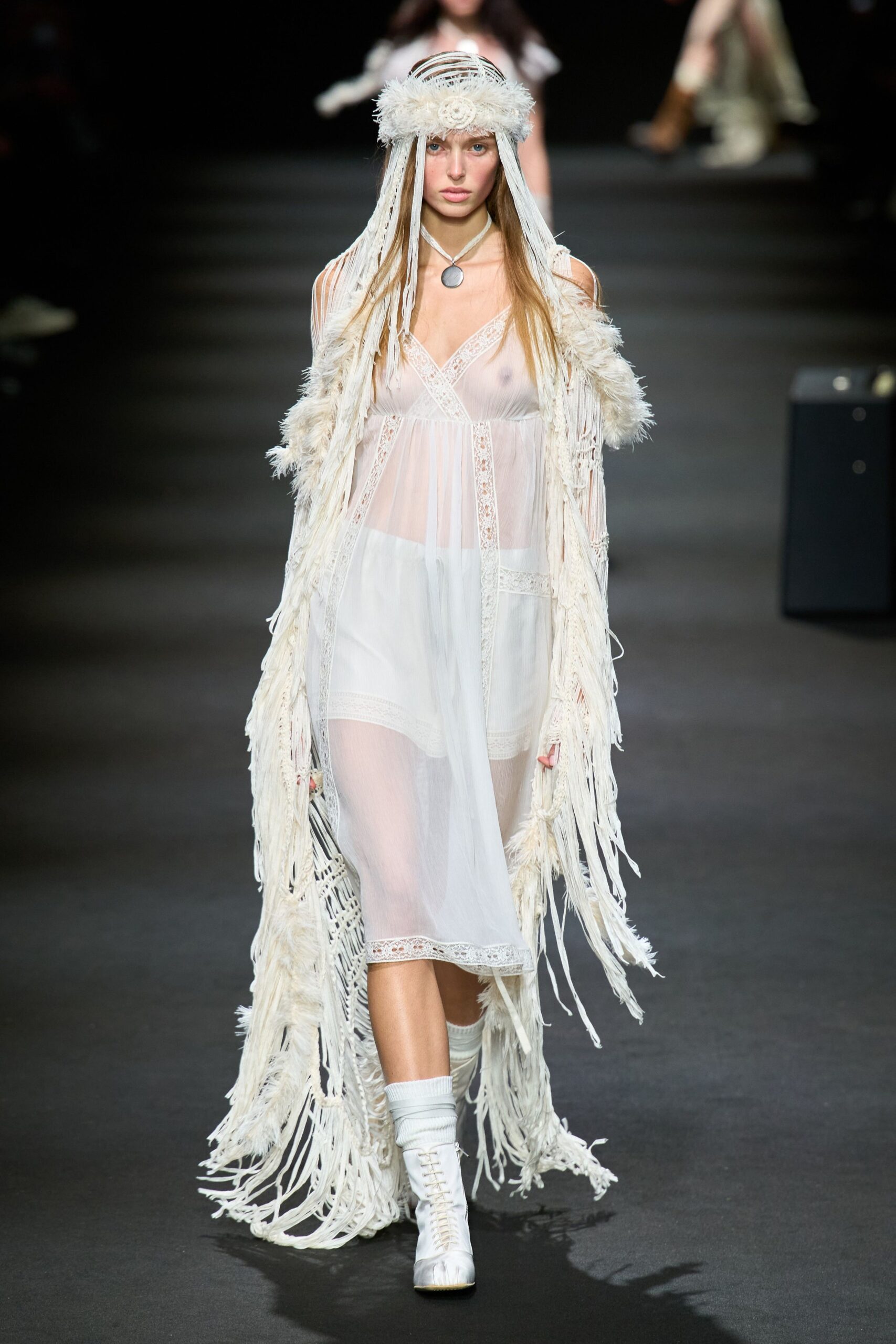 white fringed dress and coat
