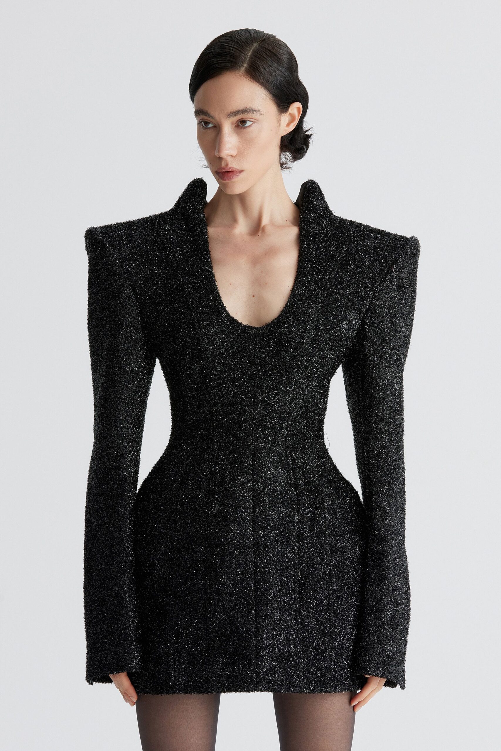 black fitted wool mini dress
