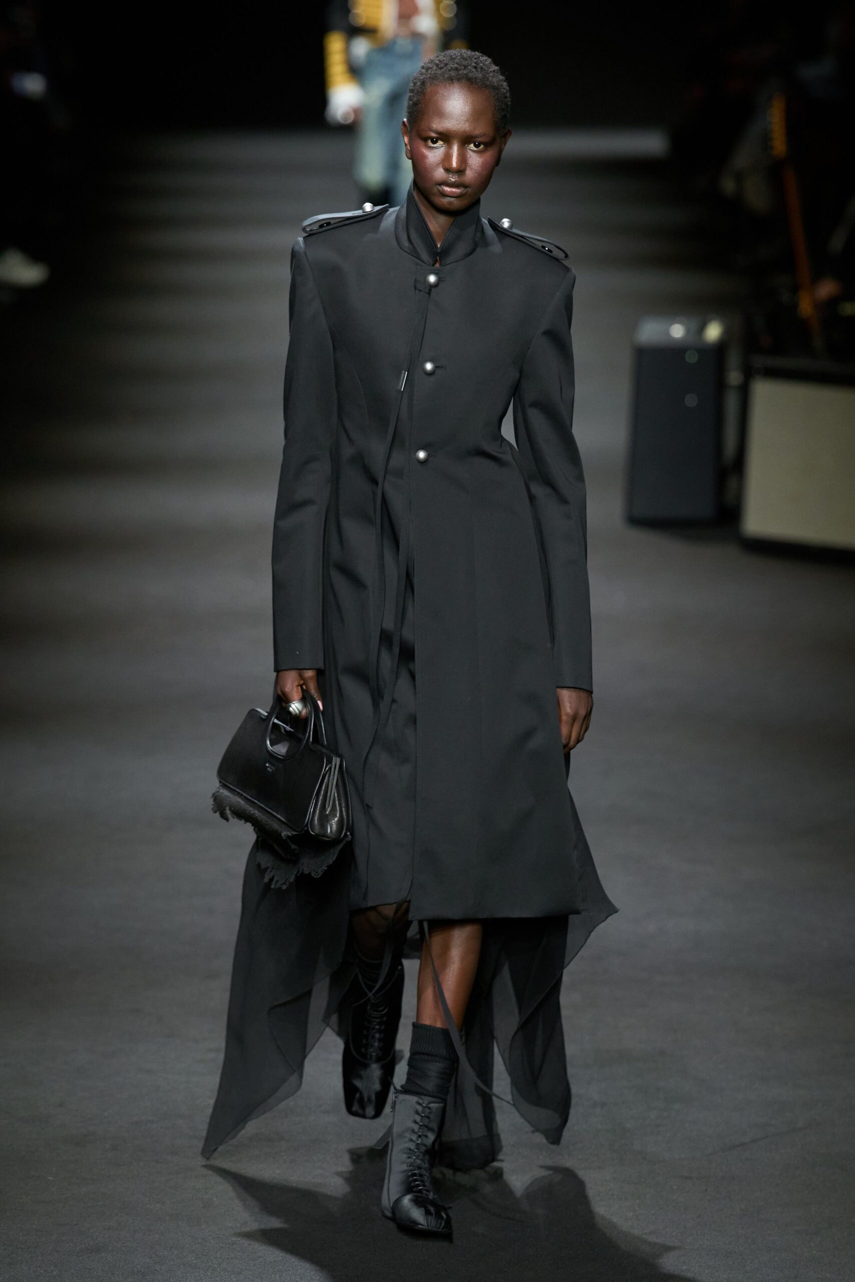 black silk long-sleeve collared fitted layered flowing coat