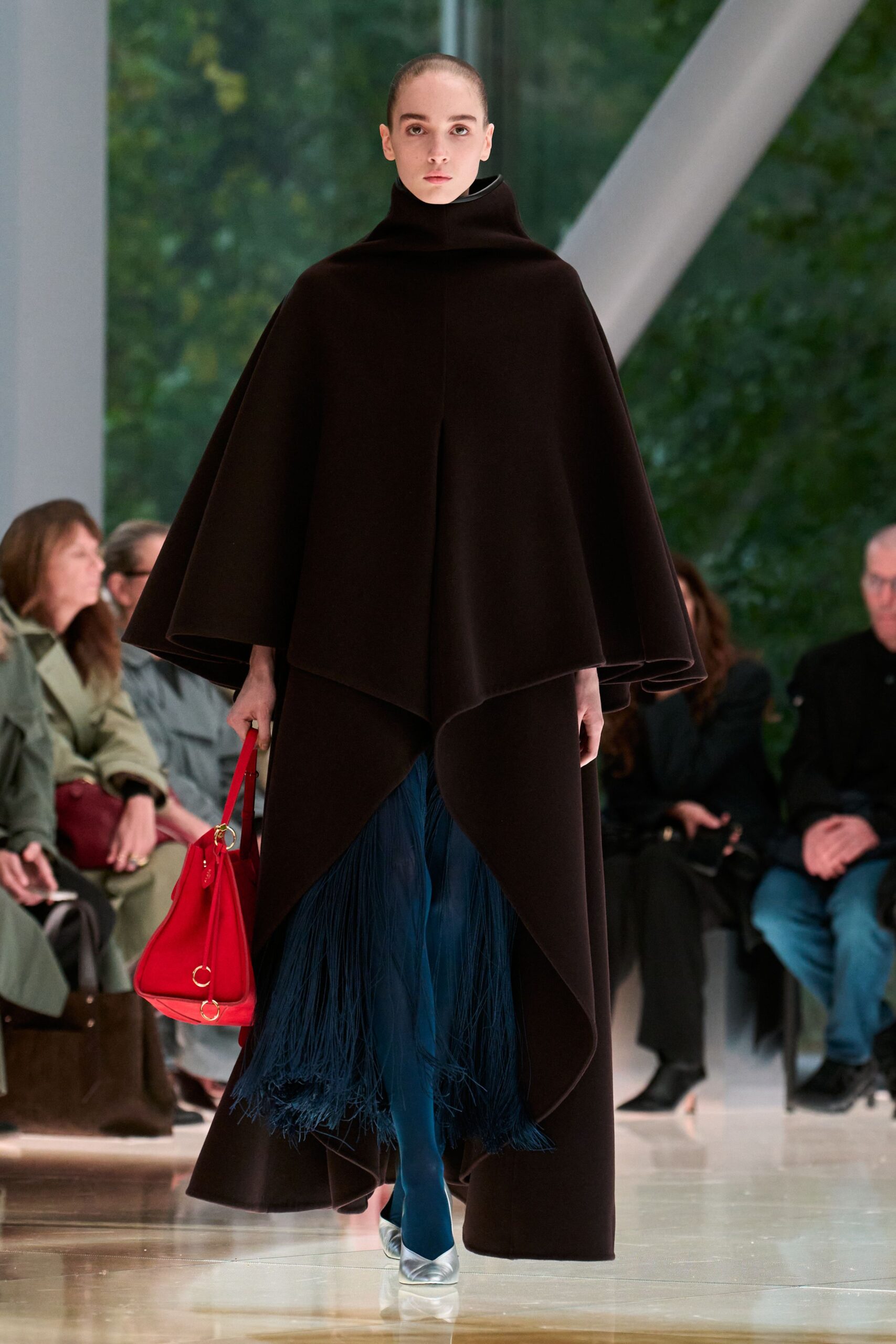 brown wool long-sleeve high-neck relaxed layered cape