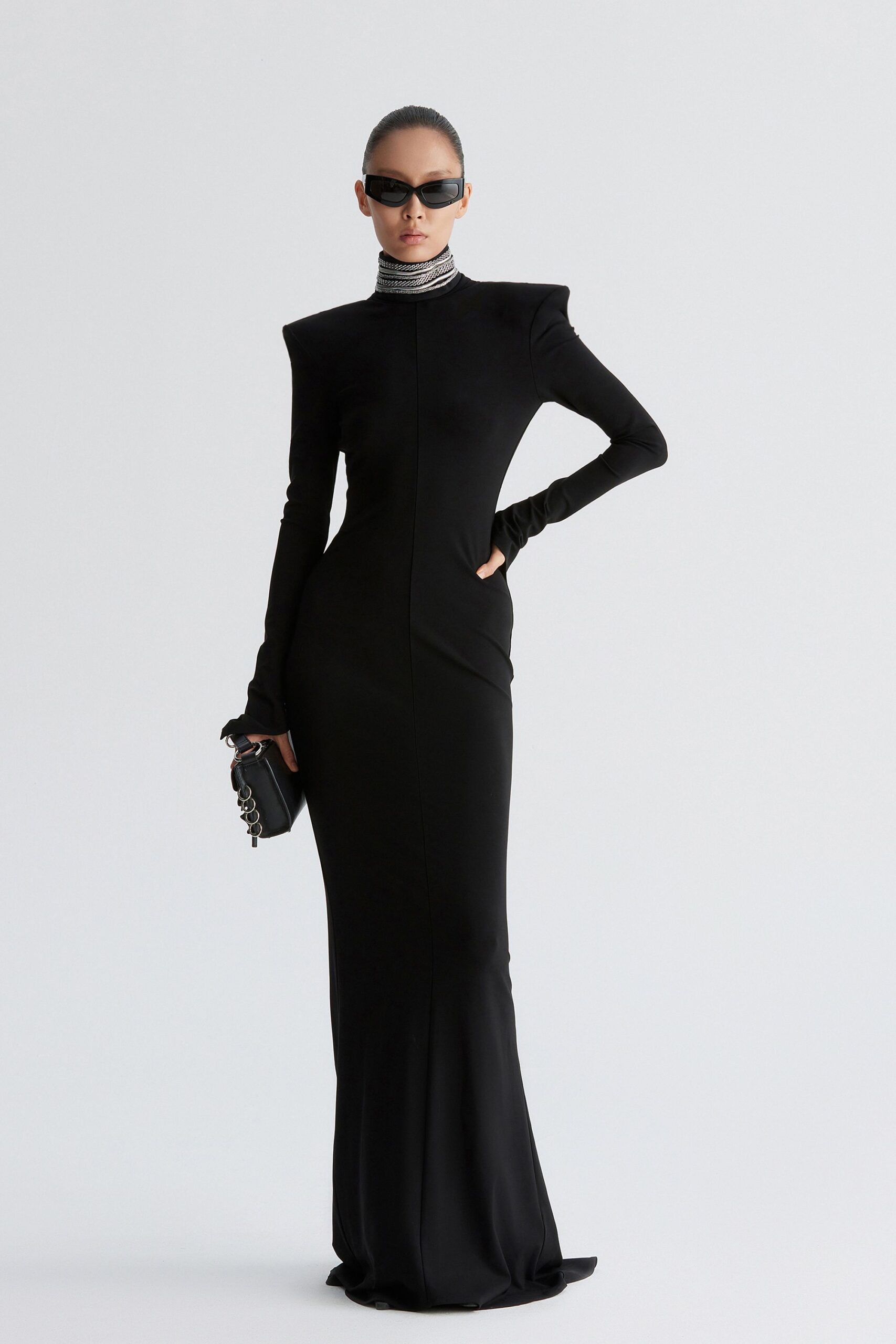 black silk long-sleeve high-neck fitted structured maxi gown