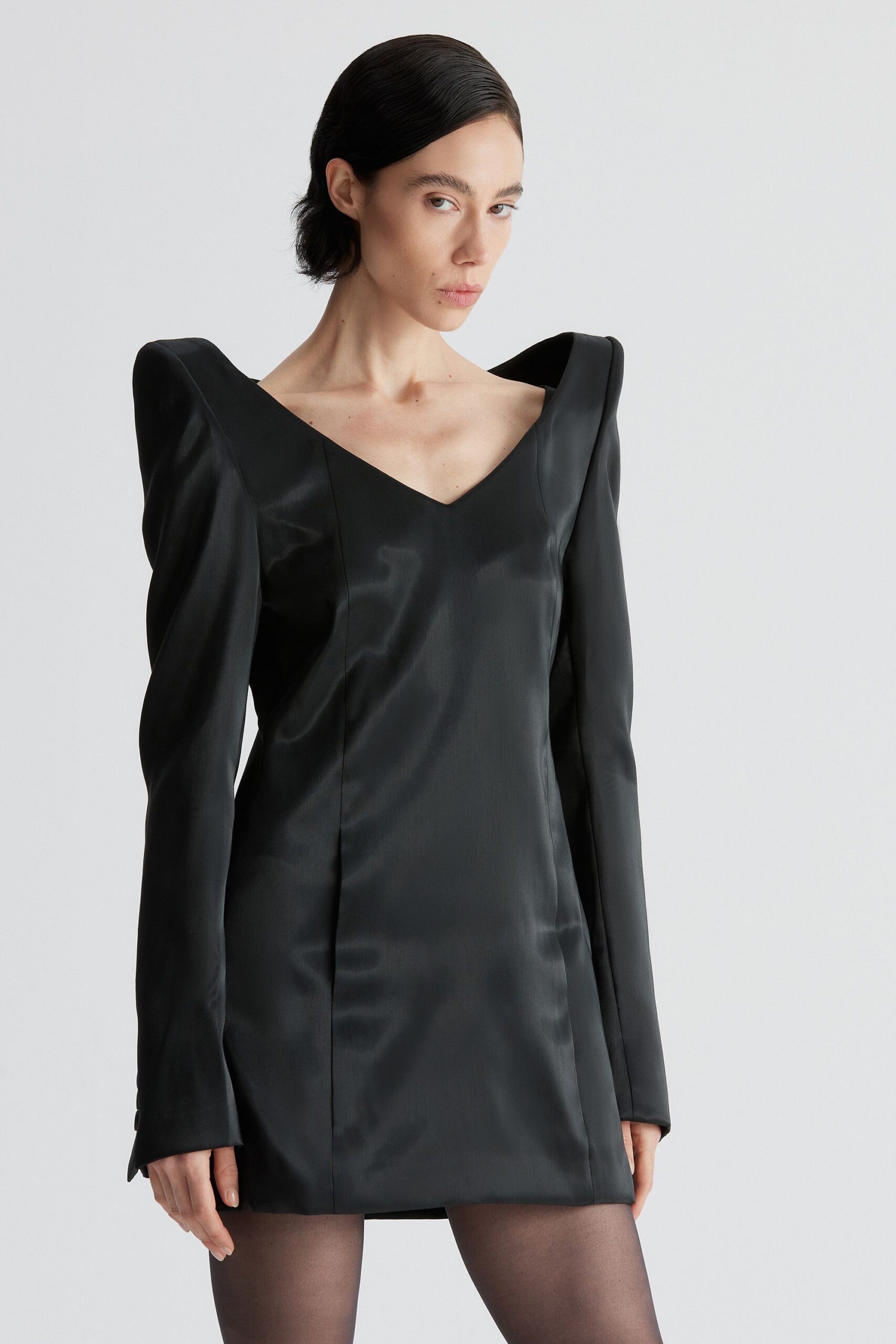 black satin fitted mini dress