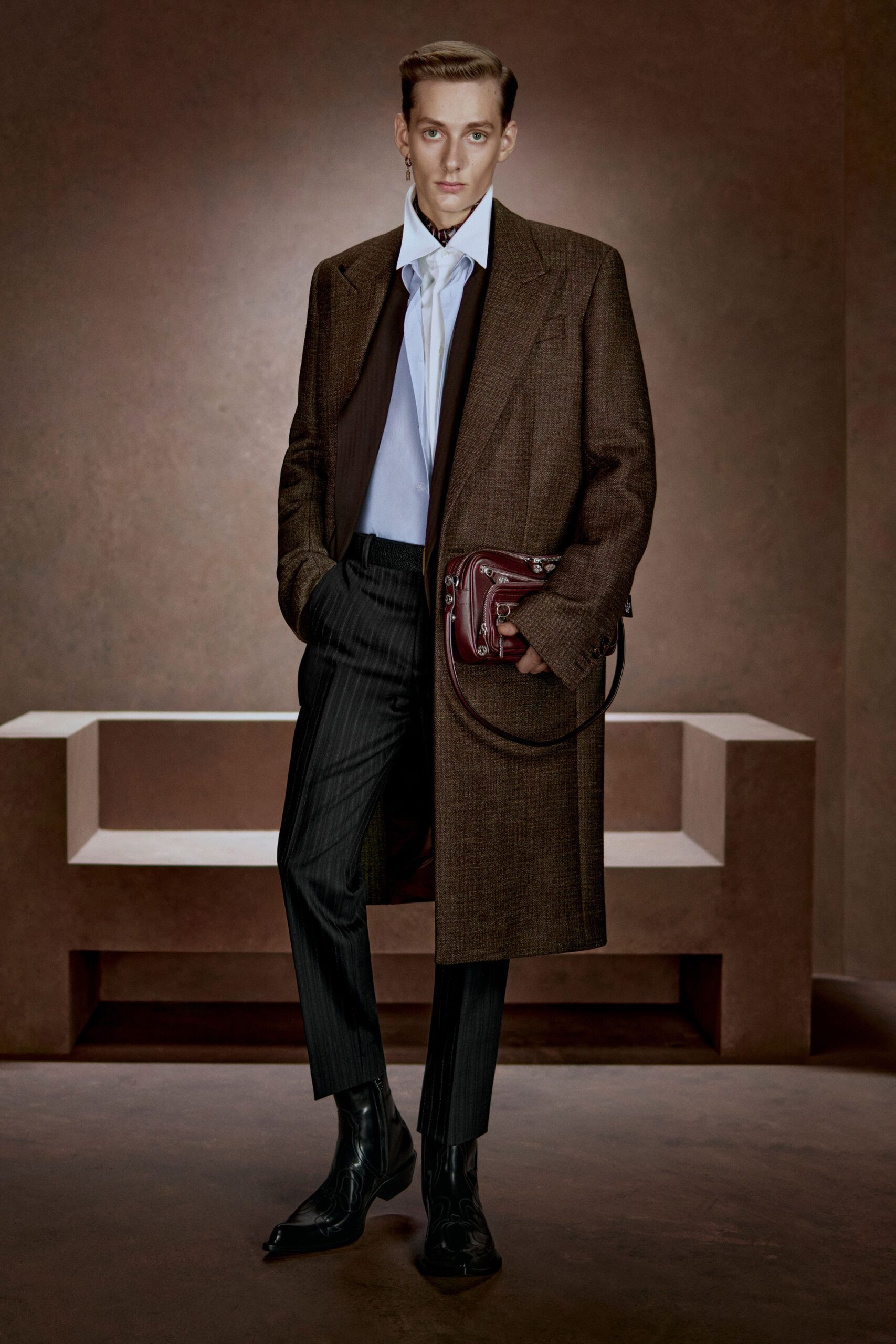 brown wool long-sleeve collared structured buttoned coat