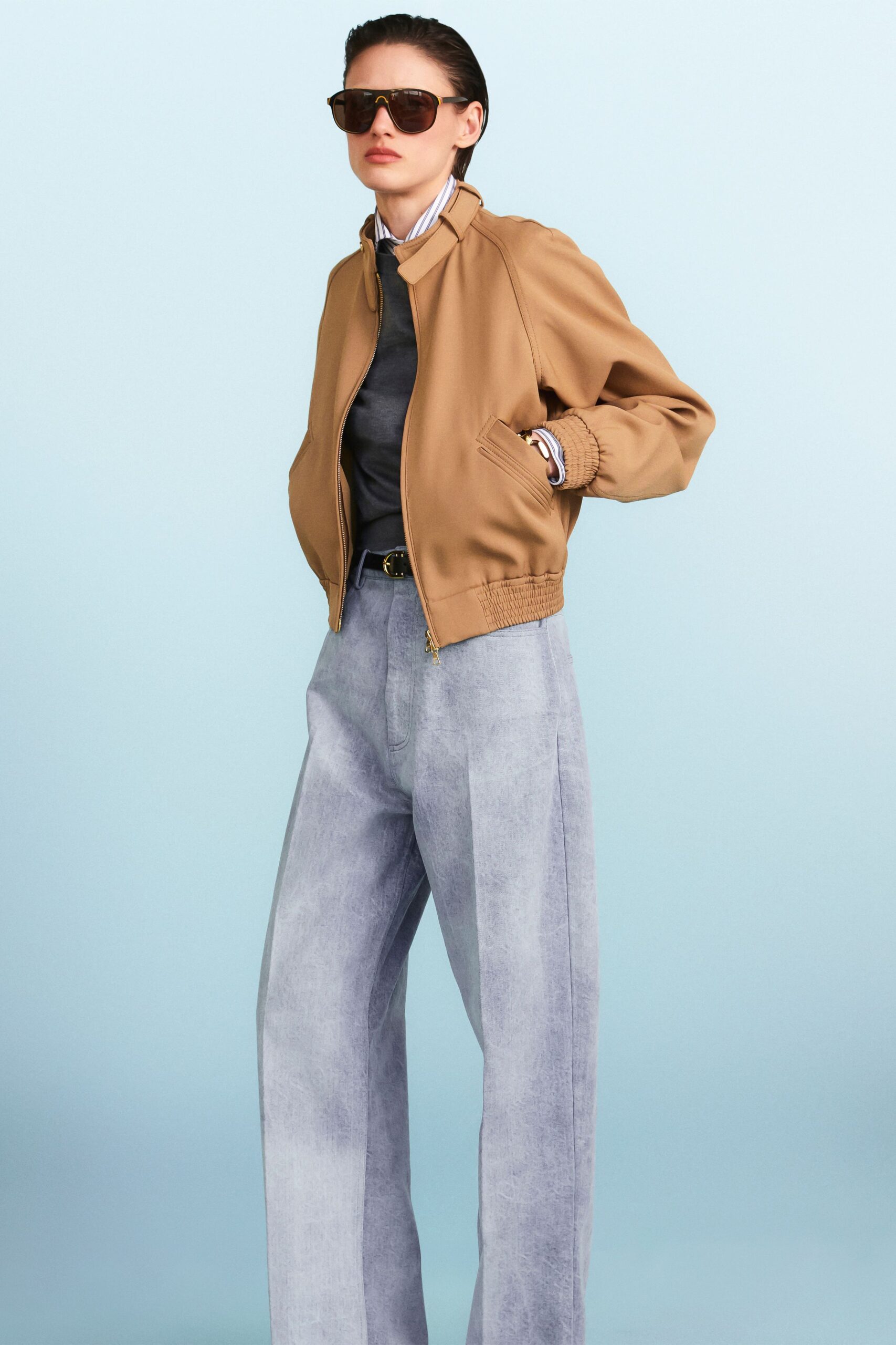 brown relaxed jacket with gray top