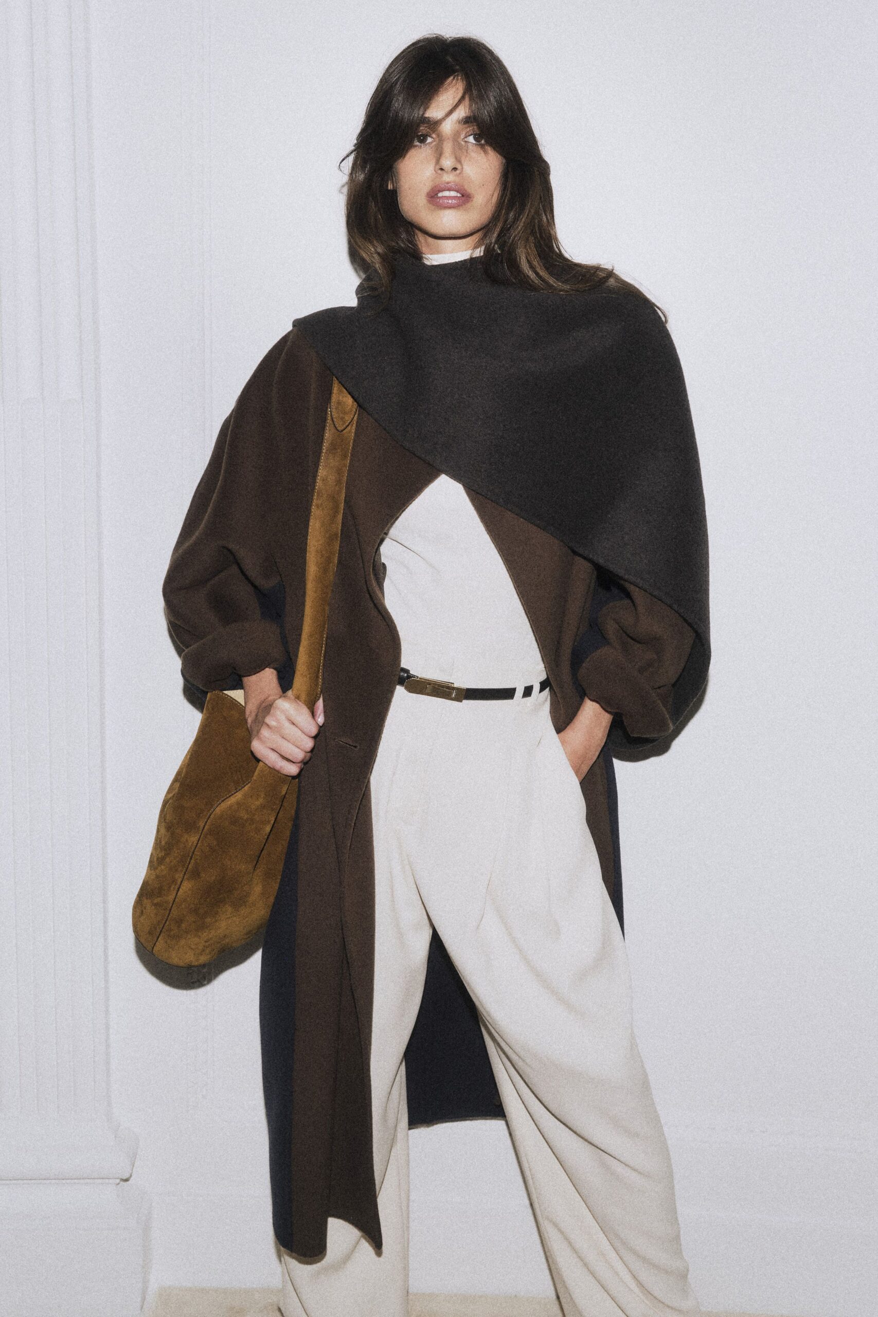 brown wool long-sleeve relaxed layered coat