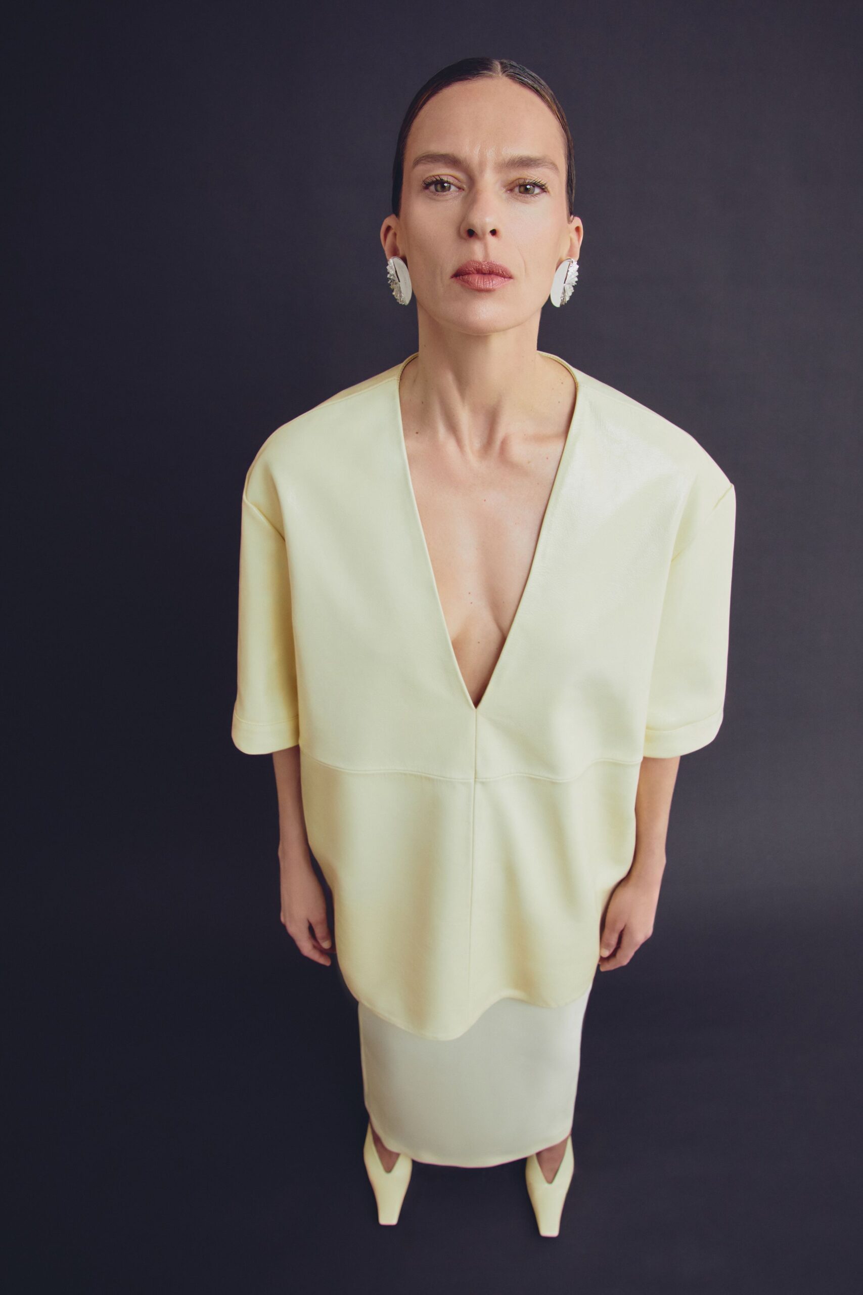 yellow silk sleeveless v-neck relaxed straight-leg midi dress