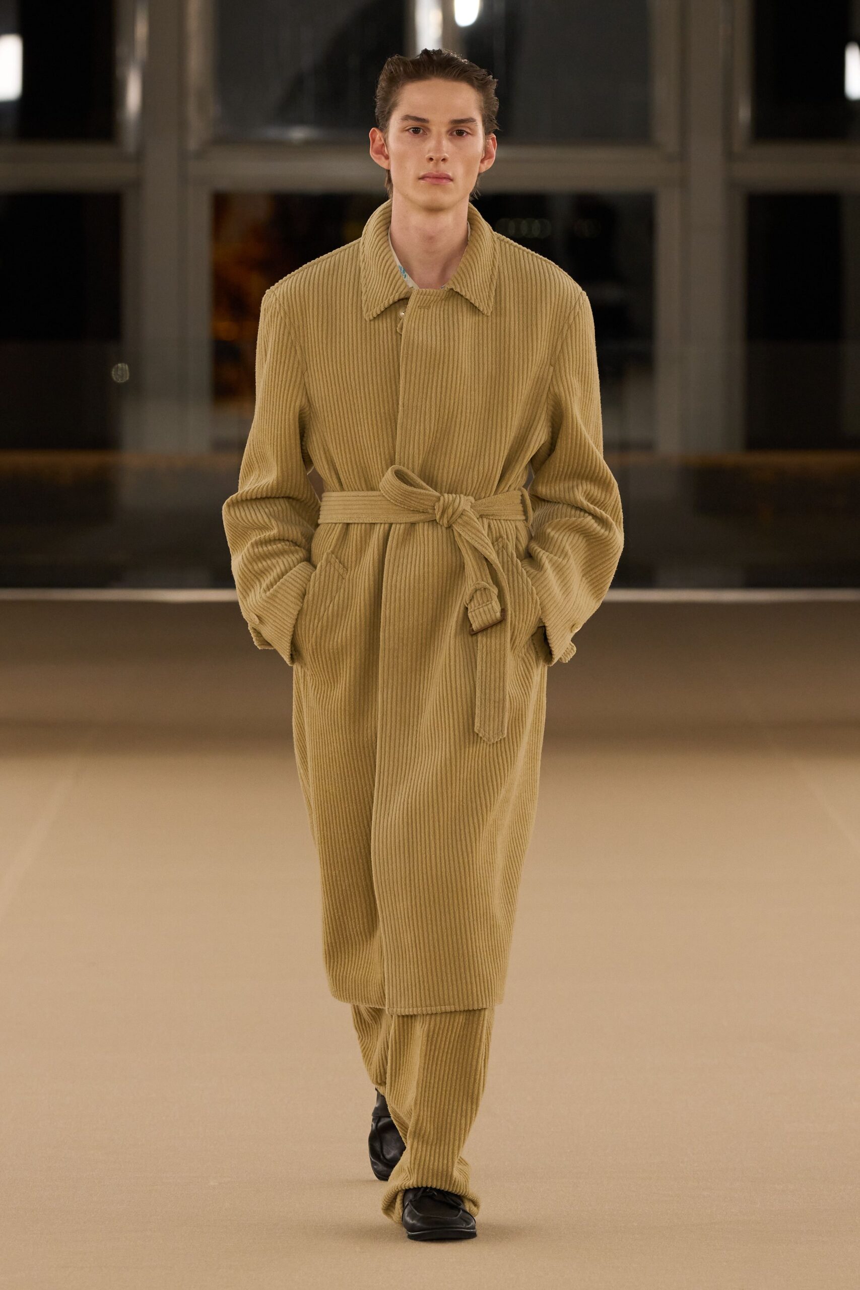 beige relaxed coat and pants