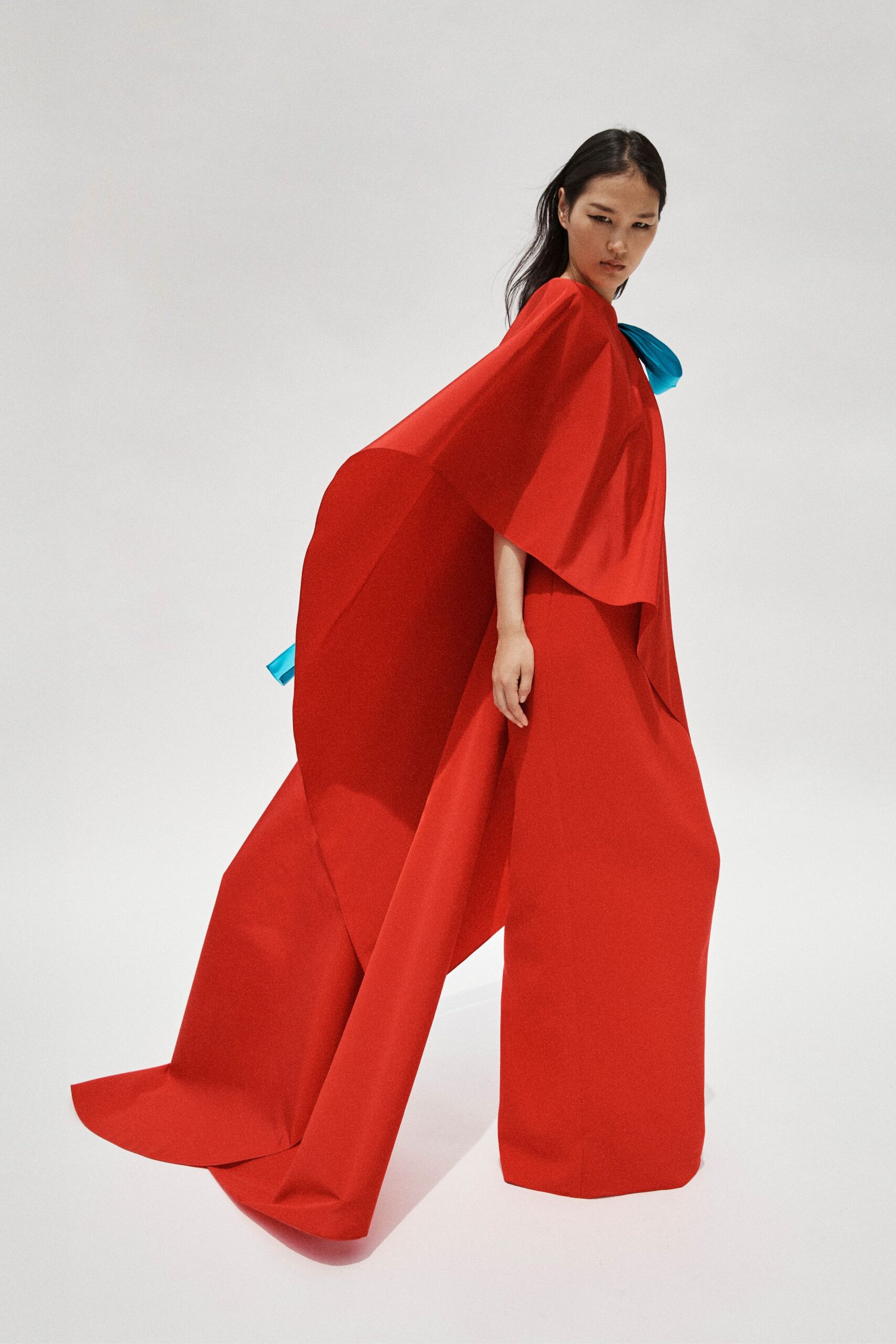 red cotton sleeveless high-neck relaxed layered maxi gown