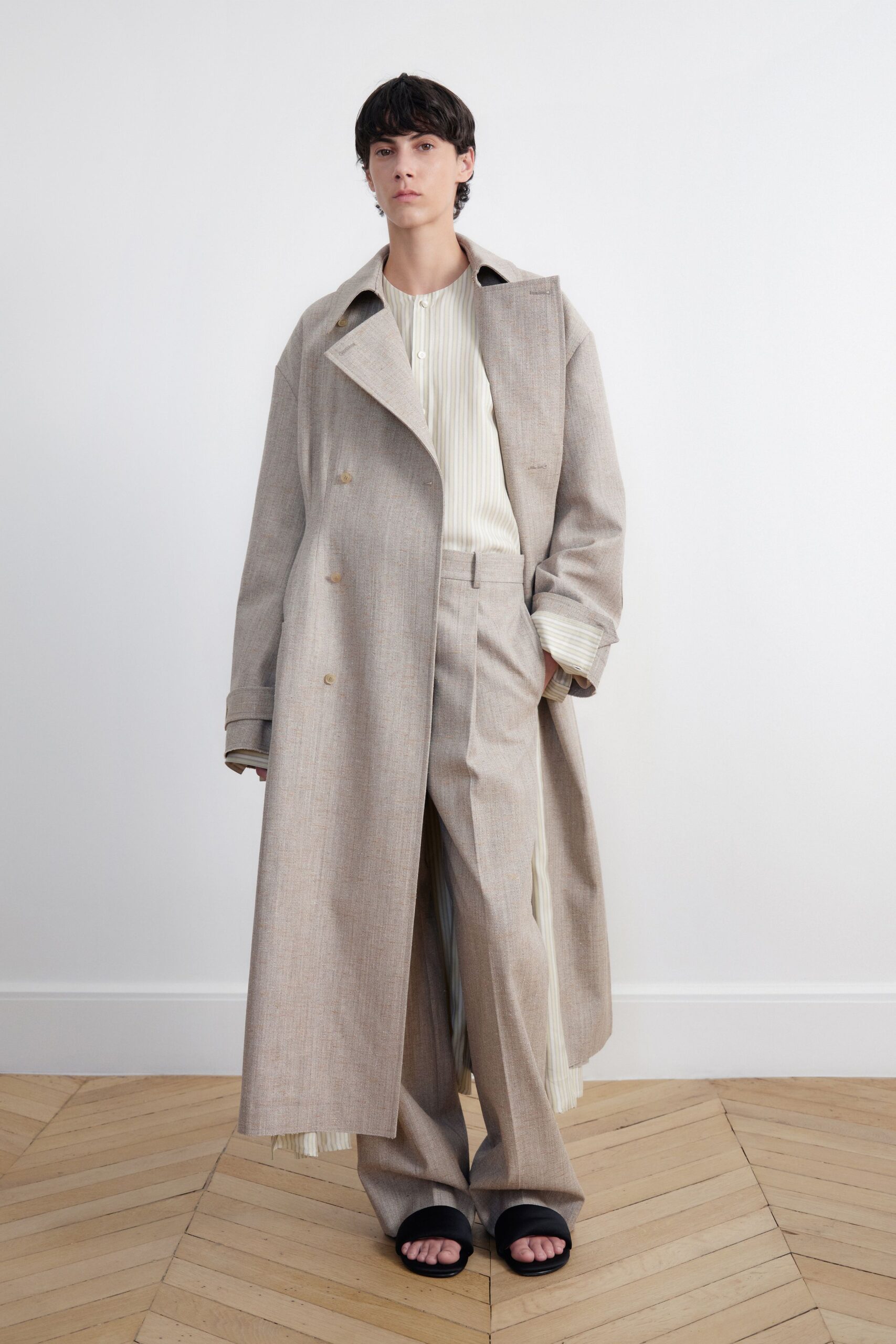beige trench coat with relaxed pants