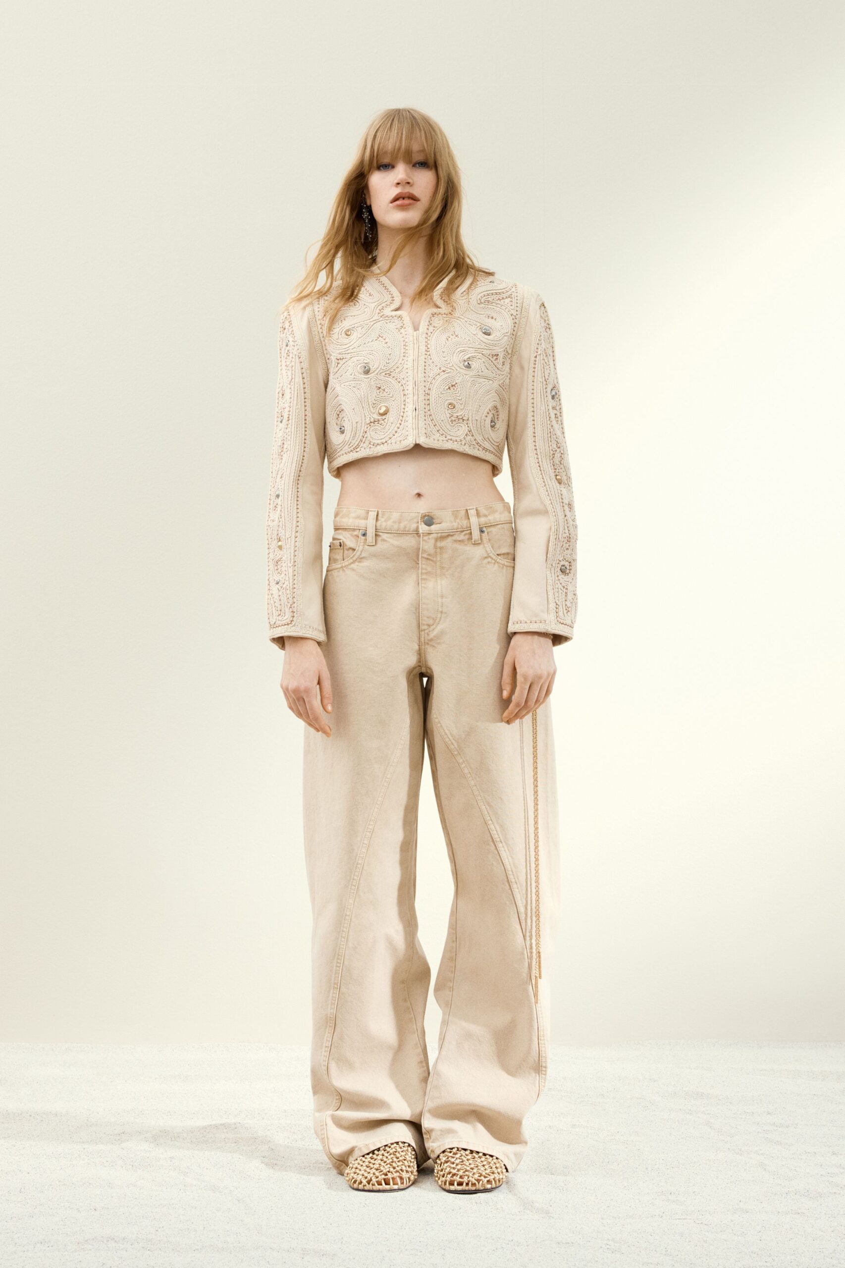 beige cotton long-sleeve collared fitted embroidered cropped top