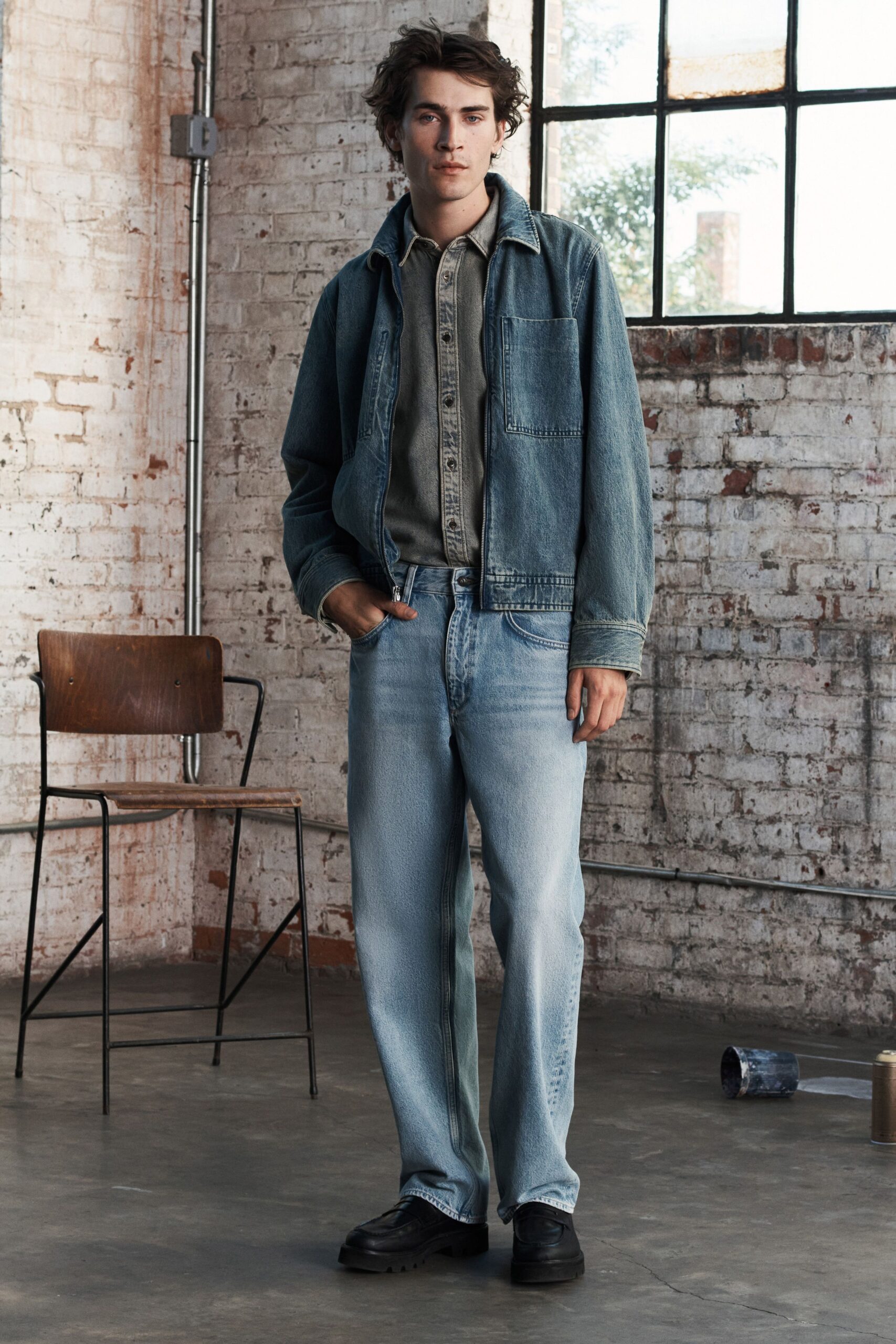 denim jacket gray shirt relaxed pants