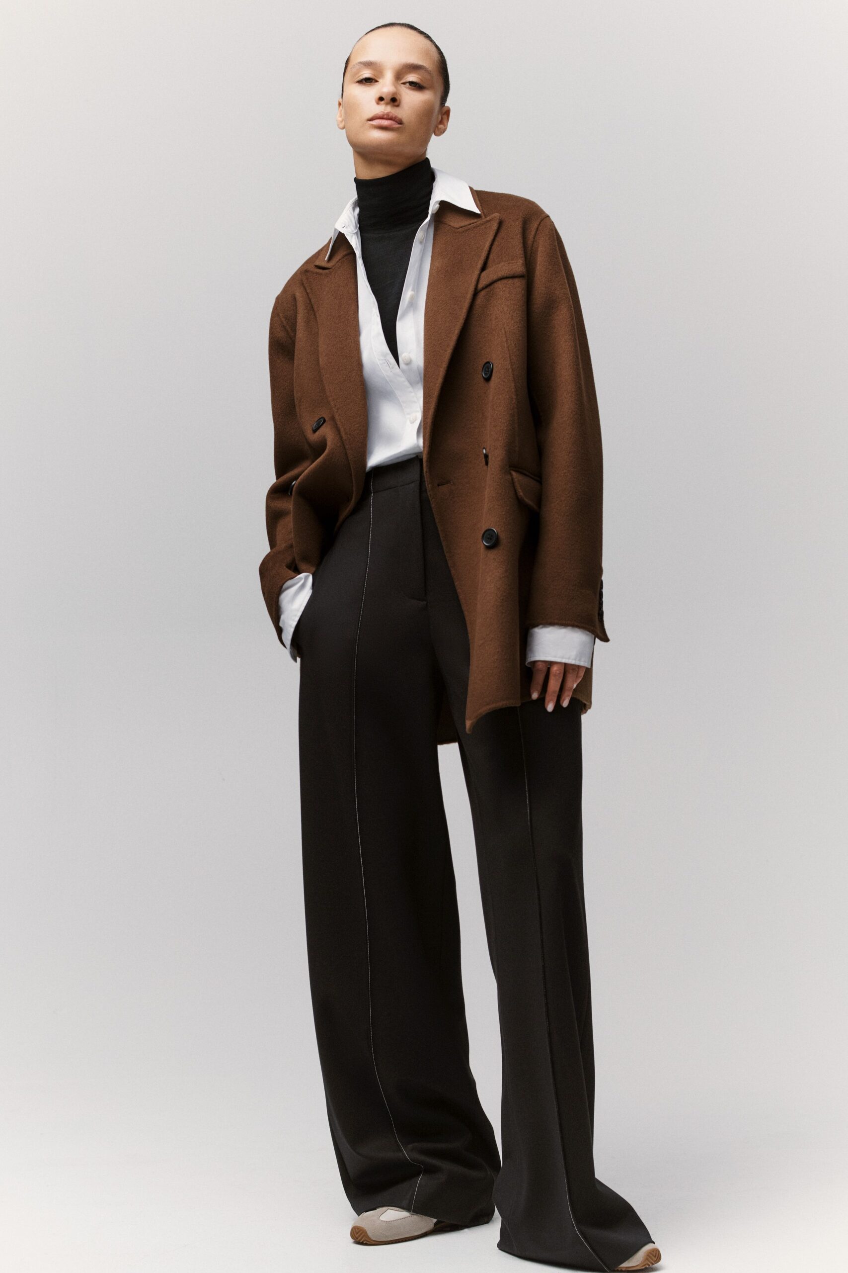 brown blazer white shirt black pants