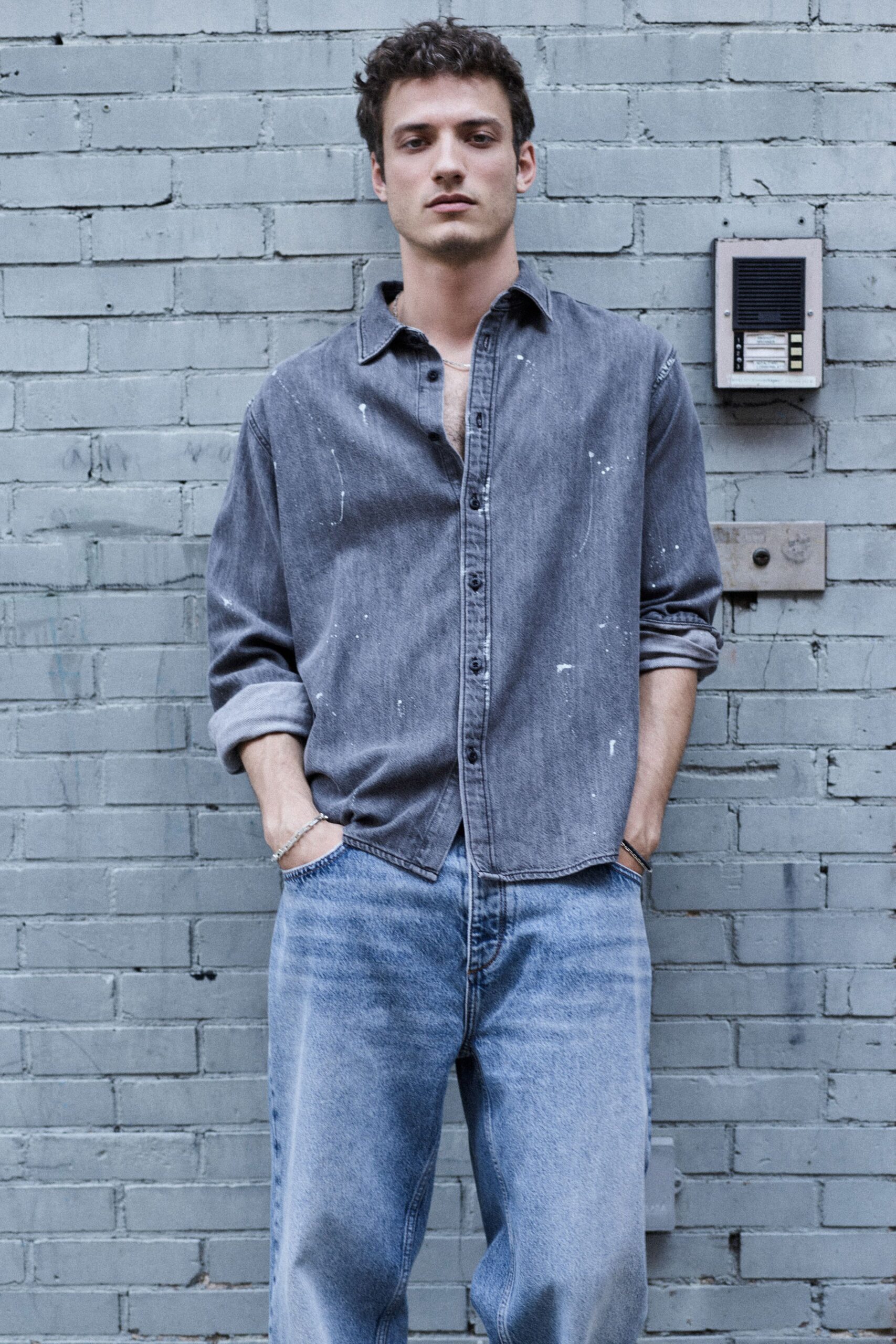 gray denim long-sleeve collared relaxed distressed shirt